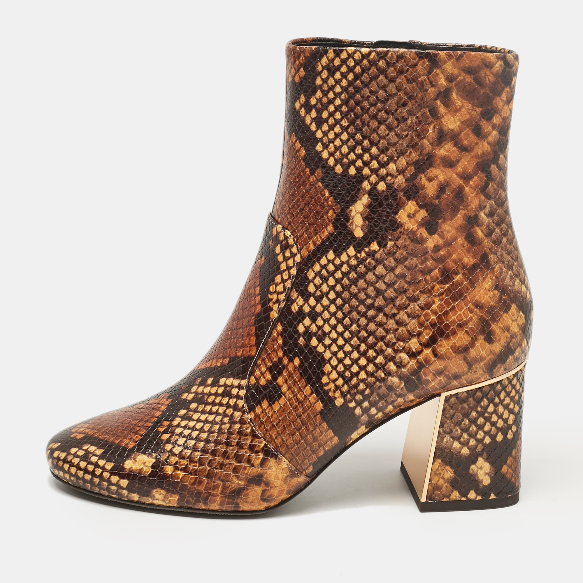 

Tory Burch Brown Python Embossed Leather Ankle Length Boots 37