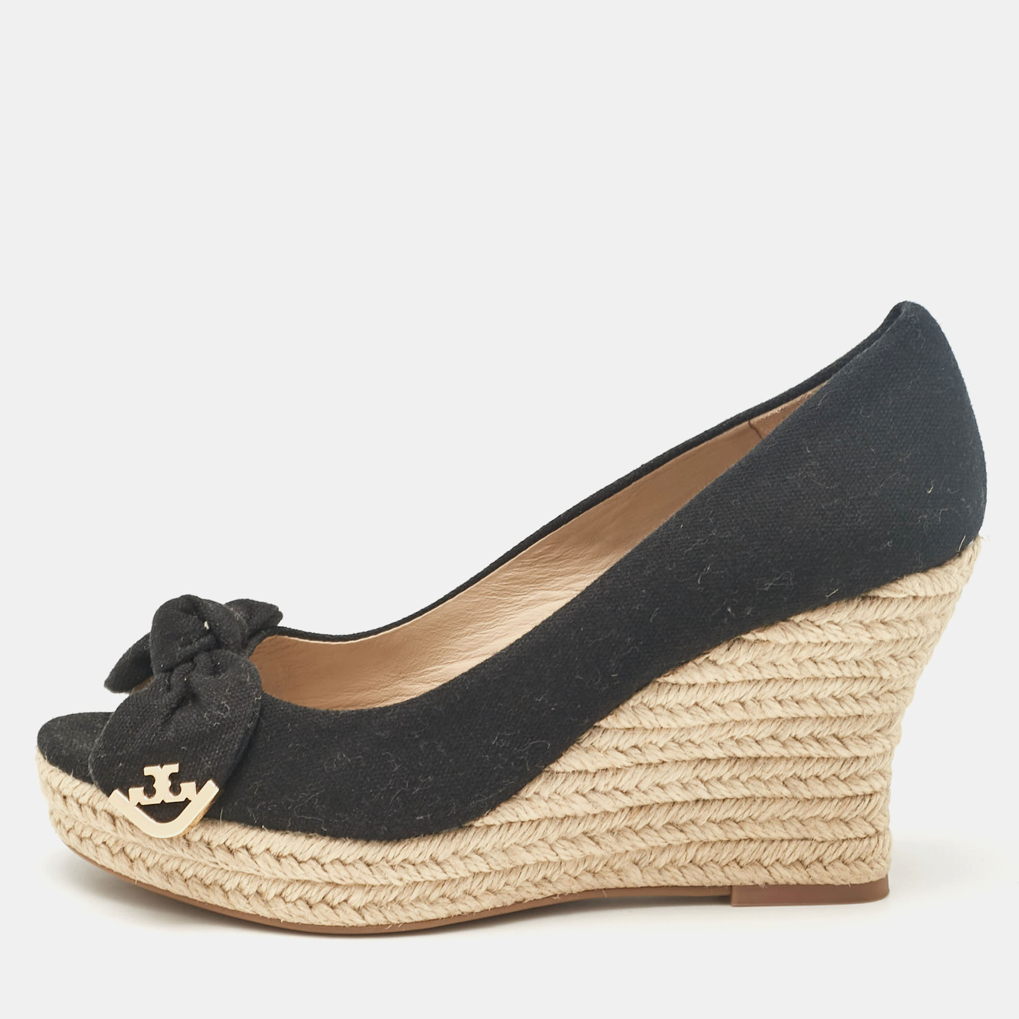 

Tory Burch Black Canvas Peep Toe Wedge Pumps Size 36.5