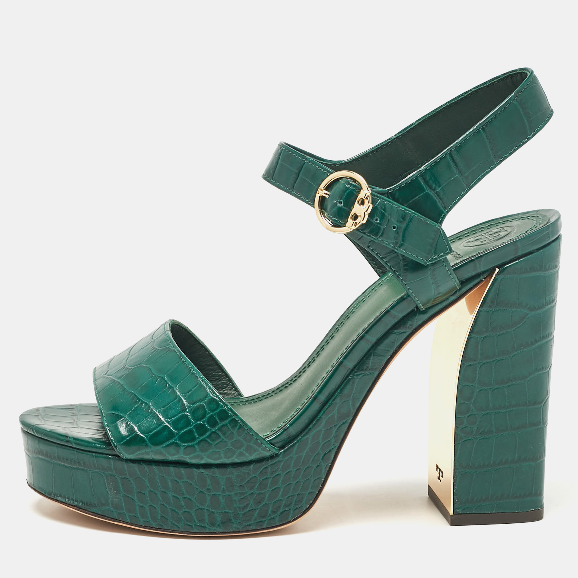 

Tory Burch Green Croc Embossed Leather Ankle Strap Sandals Size 39.5