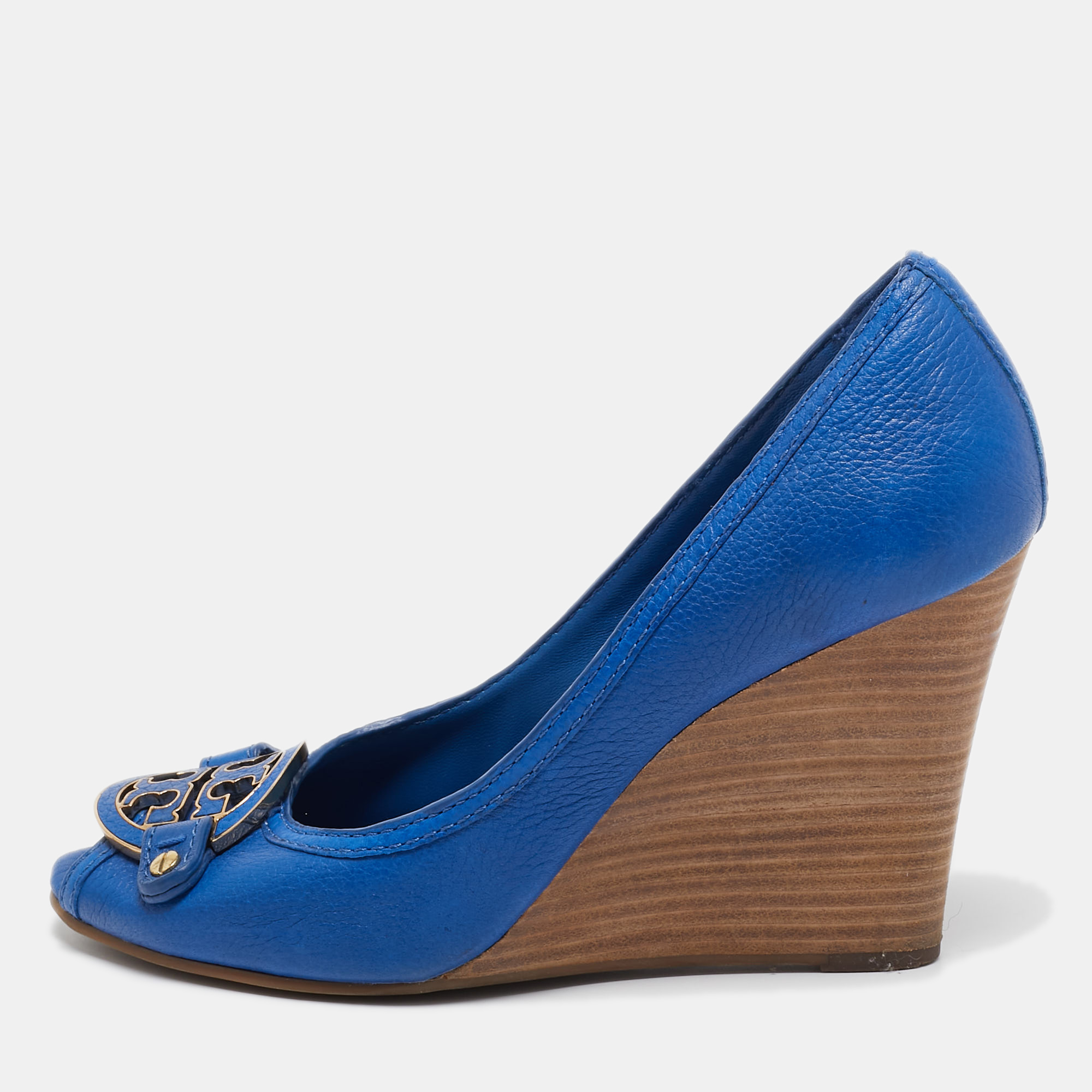 

Tory Burch Blue Leather Amanda Wedge Pumps Size 41.5