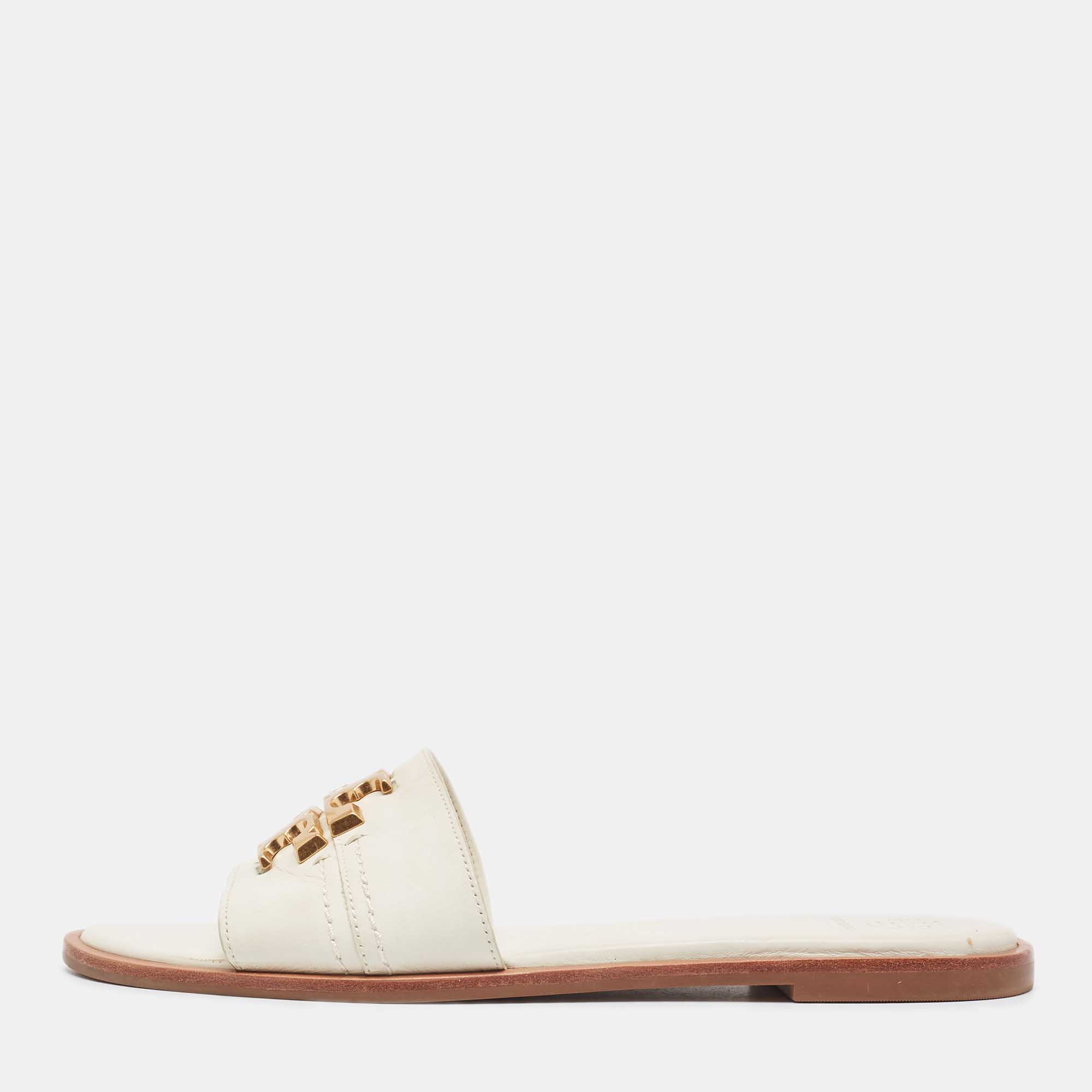 

Tory Burch White Leather Everly Flat Slides Size 38.5