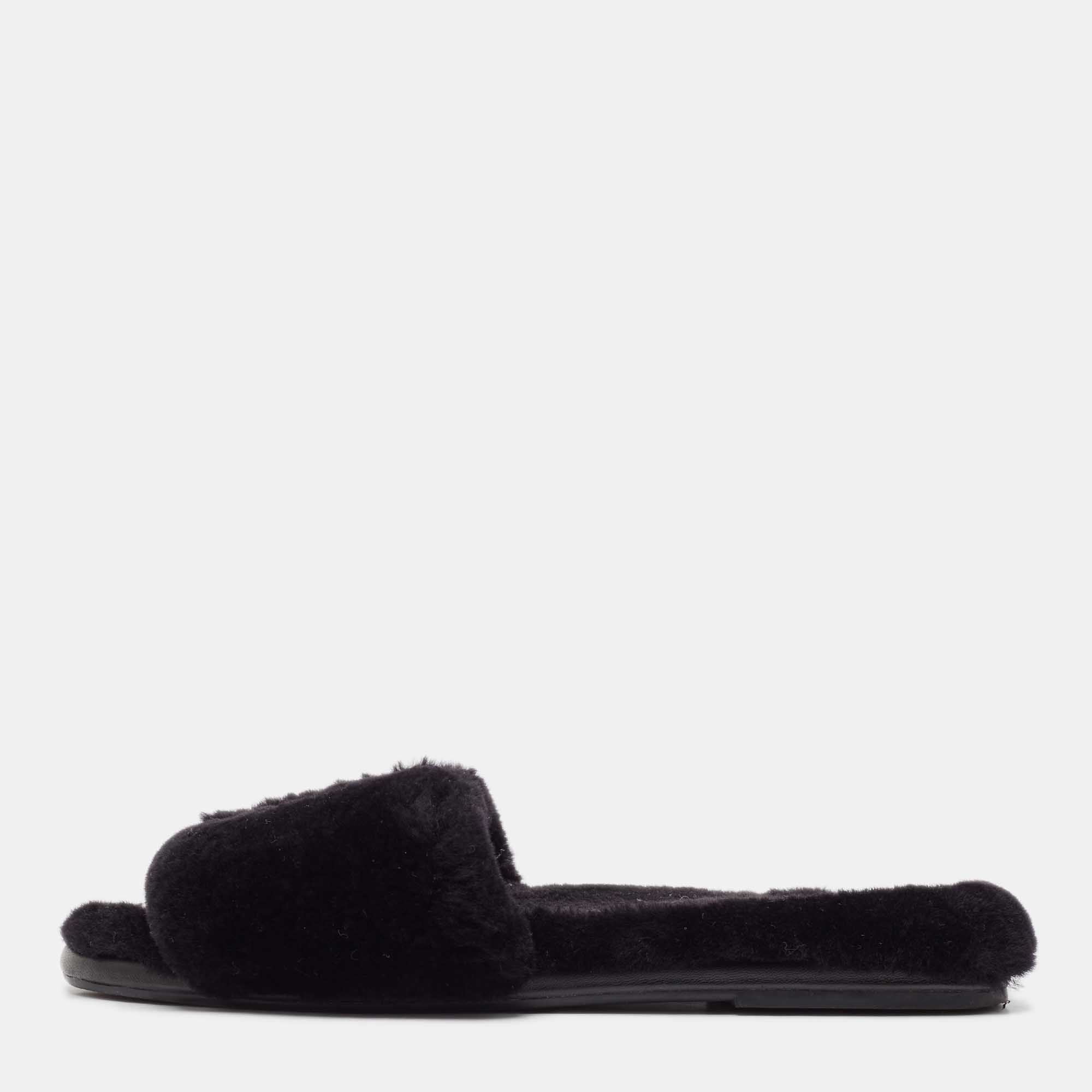 Pre-owned Tory Burch Black Shearling Fur Double T Flat Slides Size 37.5