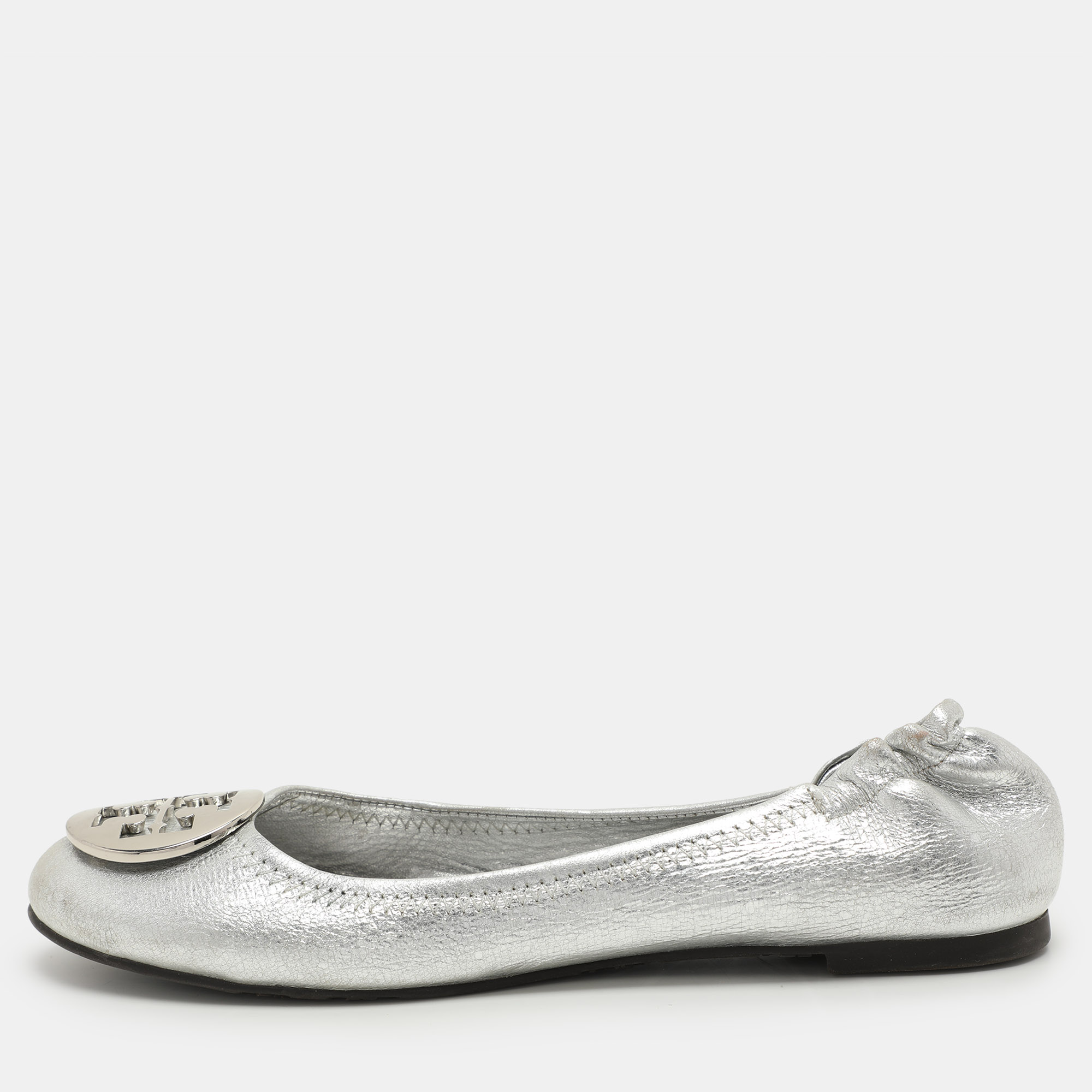 

Tory Burch Silver Leather Minnie Ballet Flats 37.5