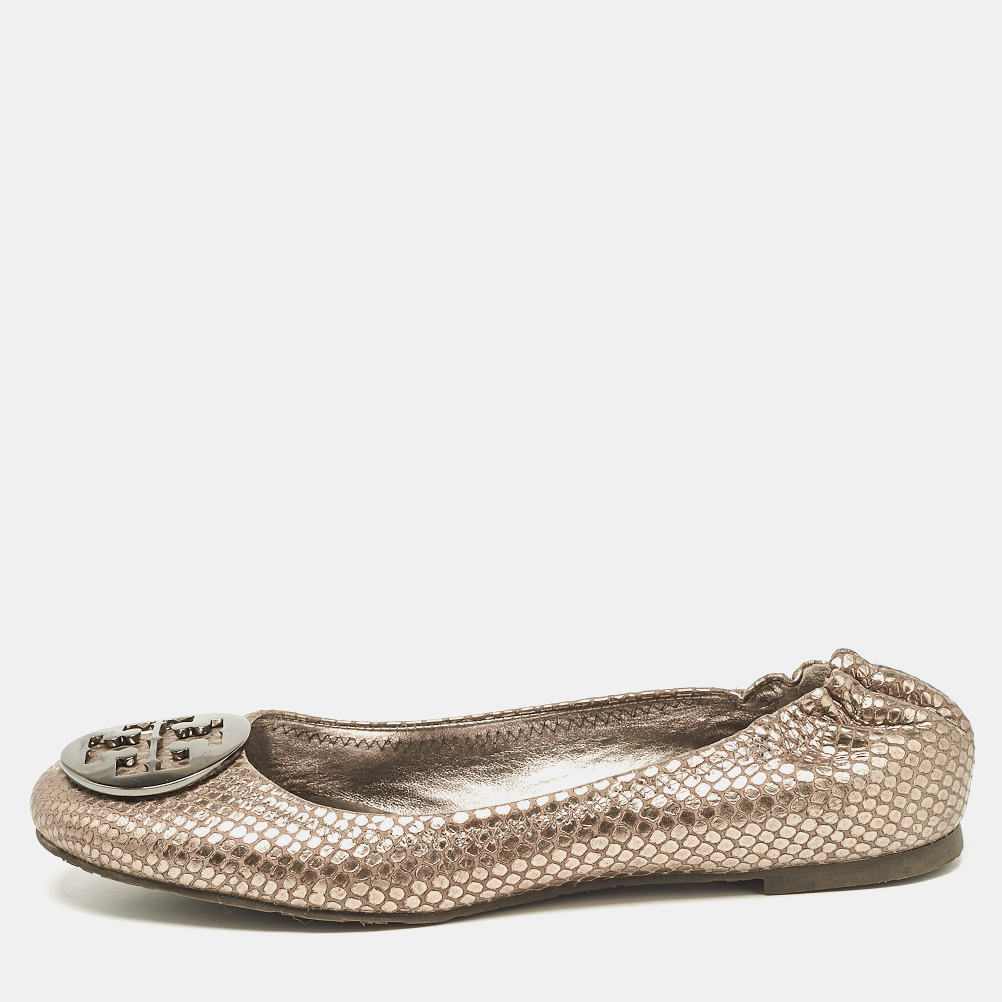 

Tory Burch Metallic Snakeskin Embossed Leather Minnie Ballet Flats Size 39.5