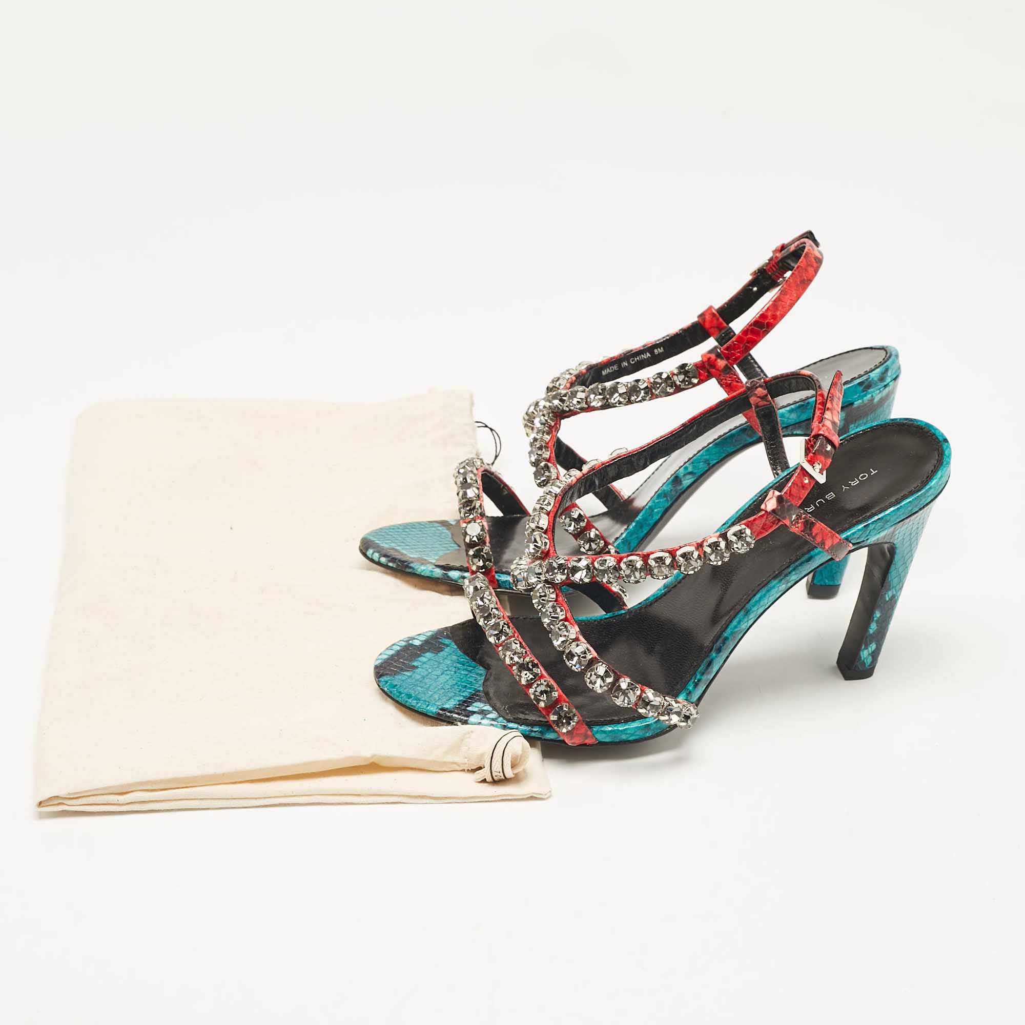 Tory Burch Multicolor Snakeskin Embossed Leather Crystal Embellished Sandals Size 38 