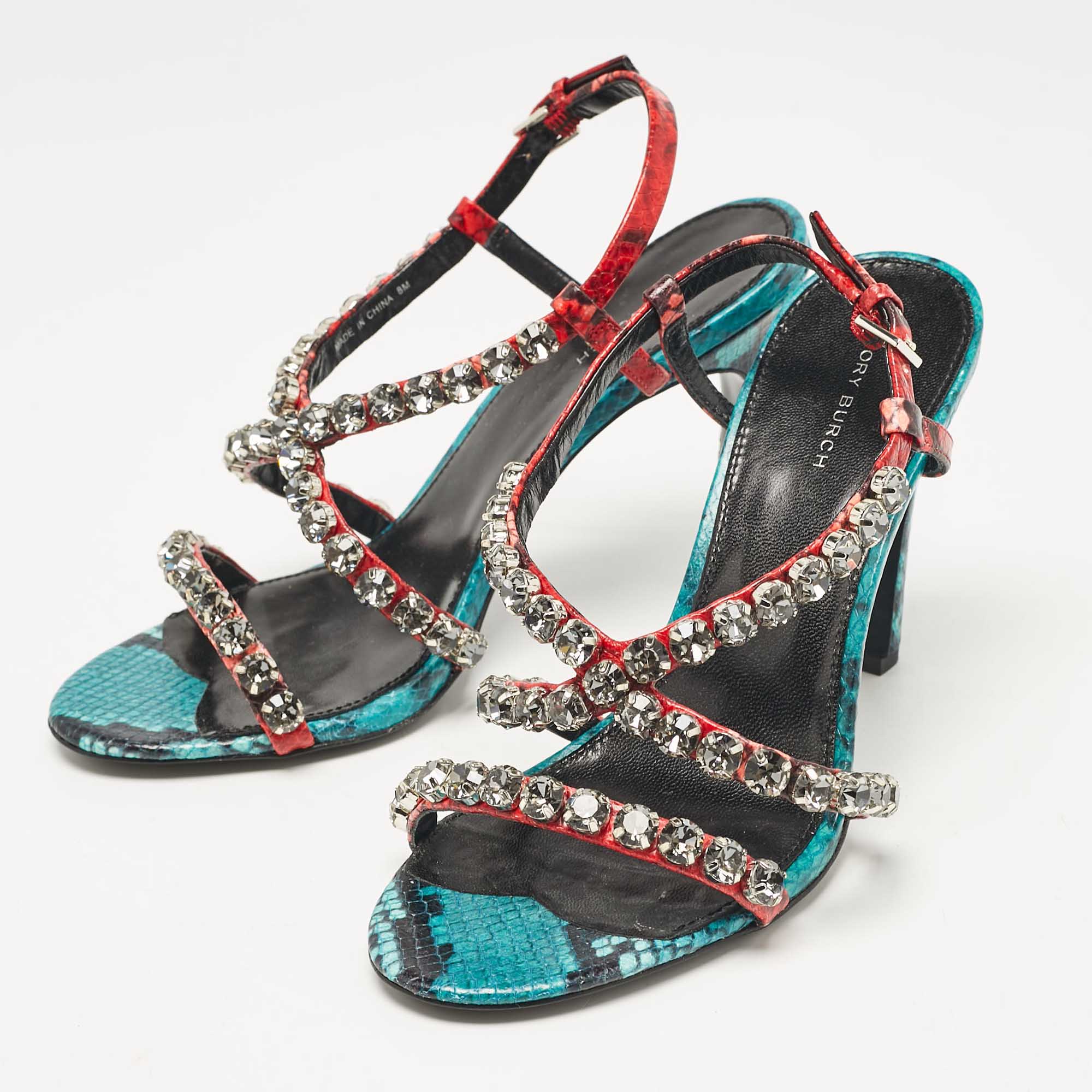 Tory Burch Multicolor Snakeskin Embossed Leather Crystal Embellished Sandals Size 38 