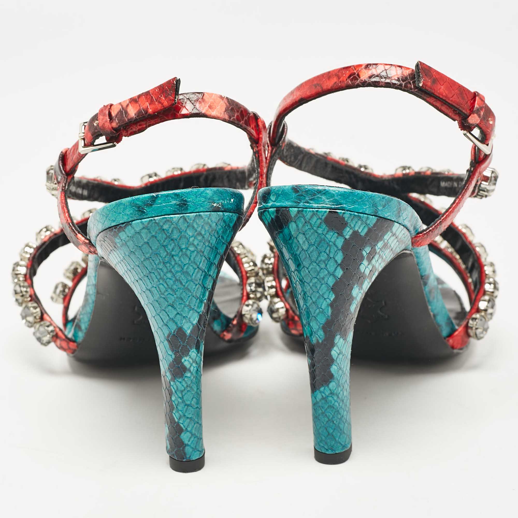 Tory Burch Multicolor Snakeskin Embossed Leather Crystal Embellished Sandals Size 38 