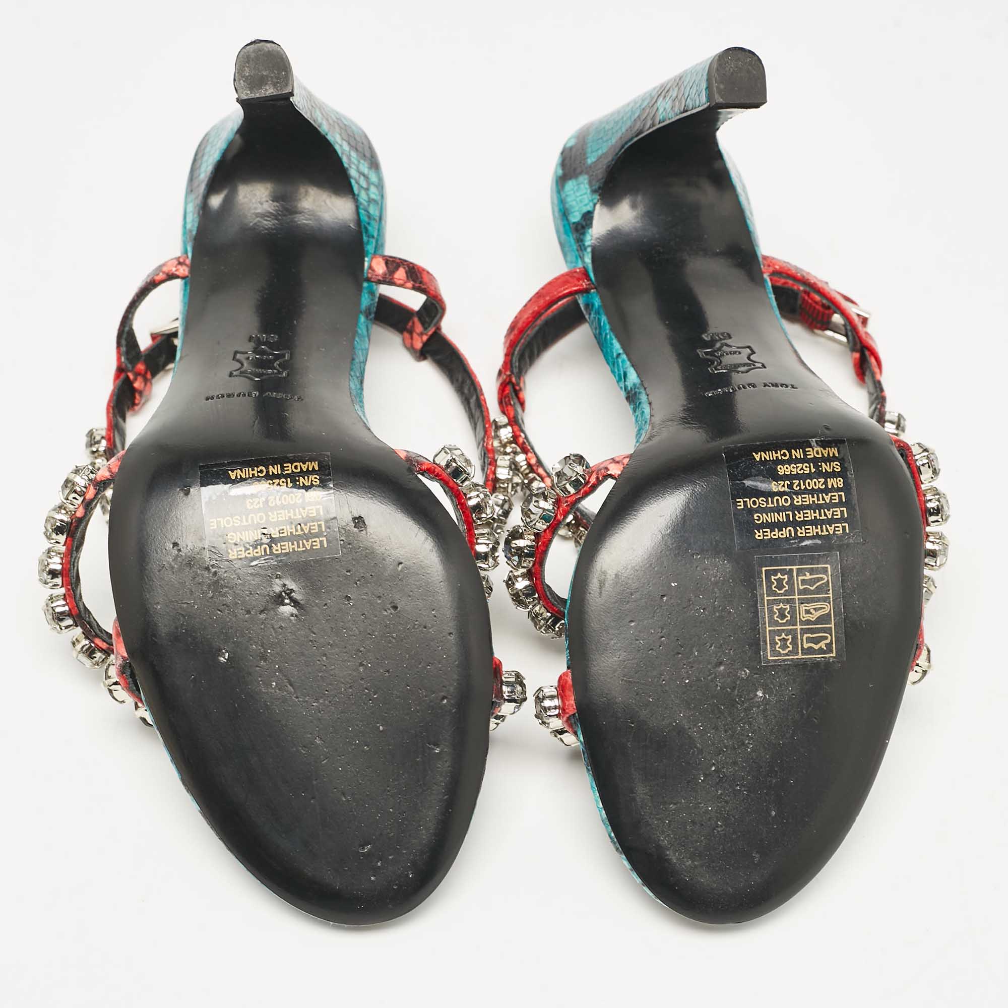 Tory Burch Multicolor Snakeskin Embossed Leather Crystal Embellished Sandals Size 38 