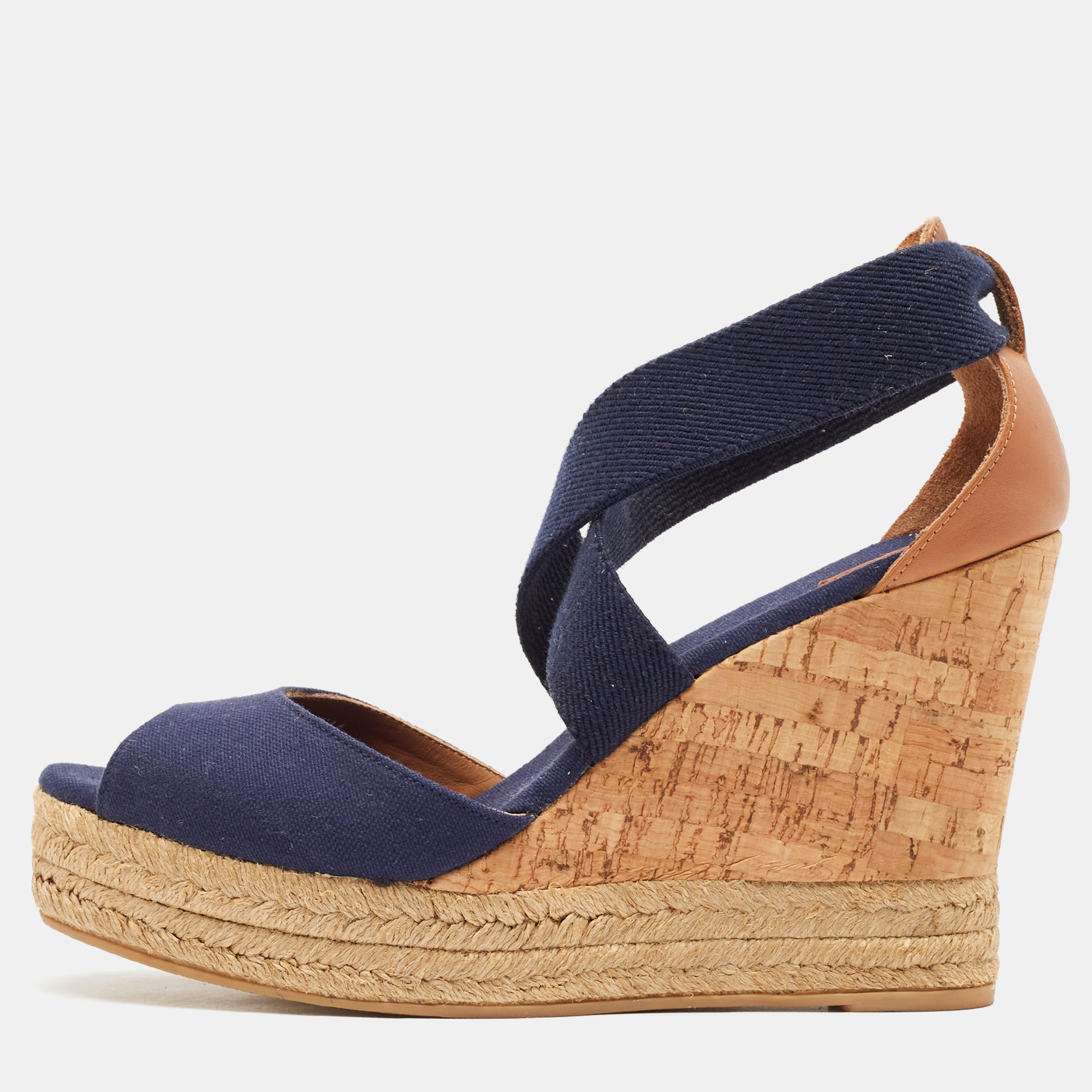 

Tory Burch Navy Blue Canvas and Leather Espadrille Platform Cork Wedge Sandals Size 39