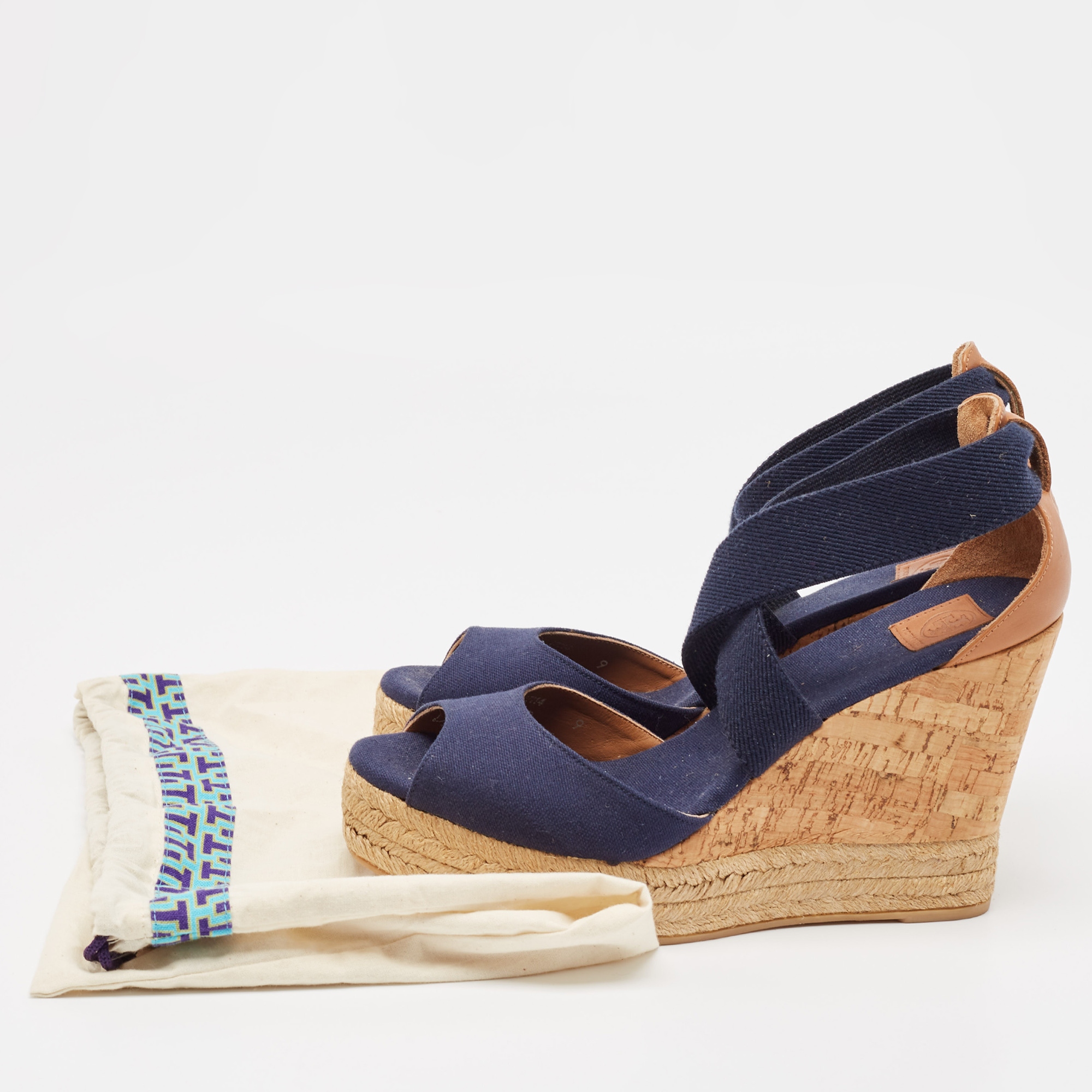Tory Burch Navy Blue Canvas and Leather Espadrille Platform Cork Wedge Sandals Size 39 