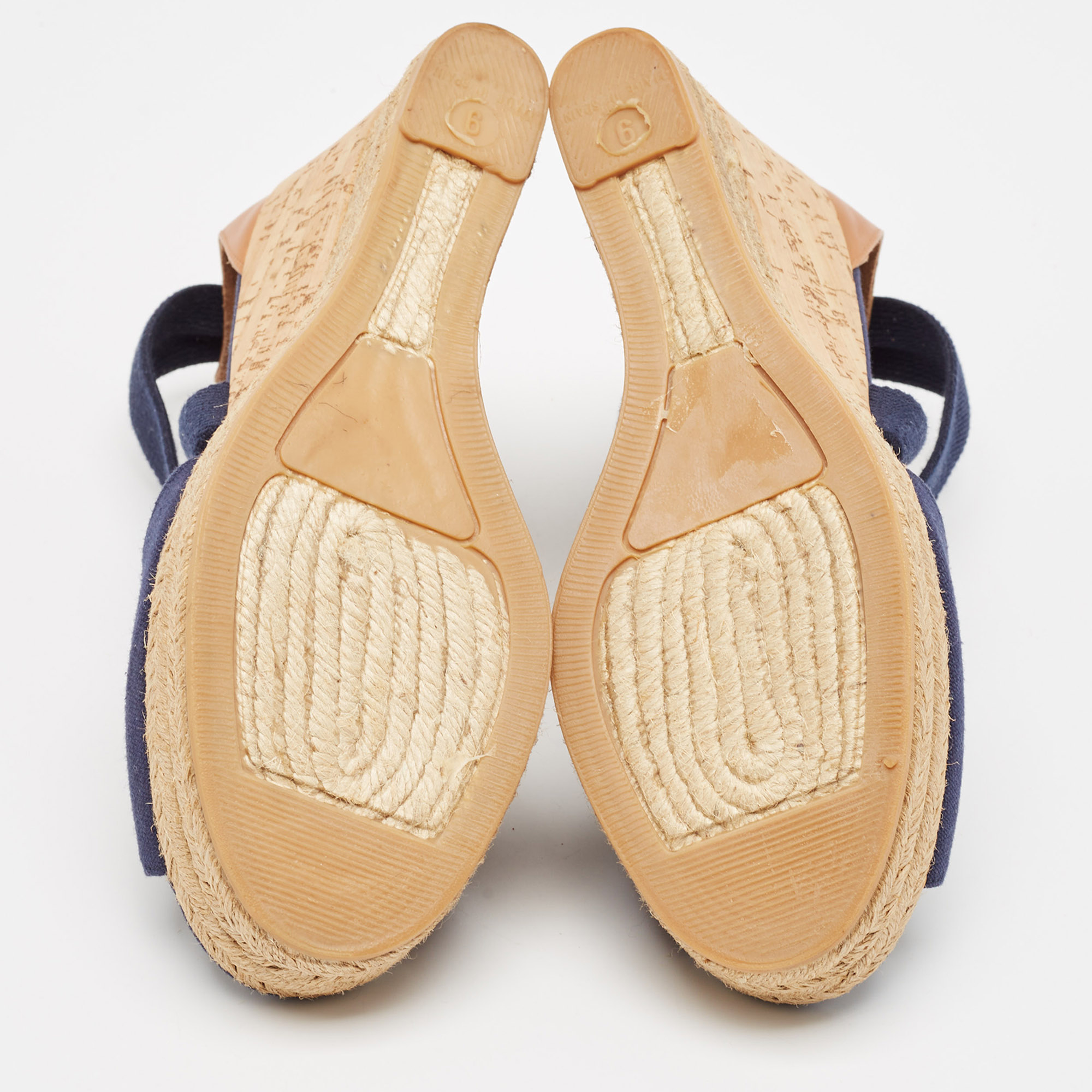 Tory Burch Navy Blue Canvas and Leather Espadrille Platform Cork Wedge Sandals Size 39 