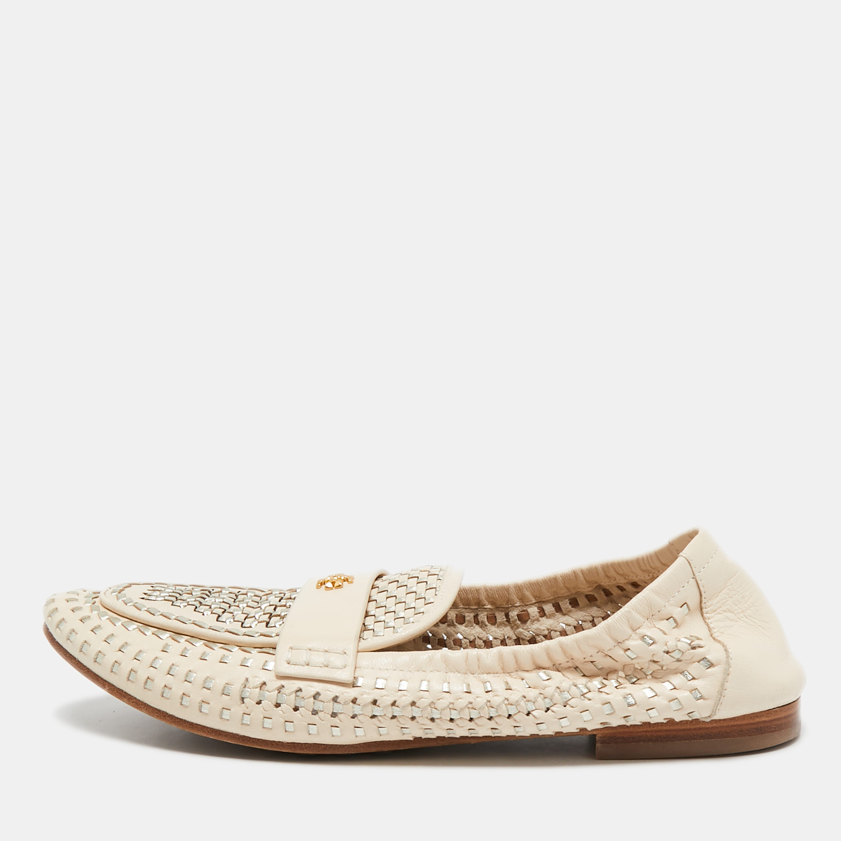 

Tory Burch Beige Woven Leather Slip On Loafers Size 38.5