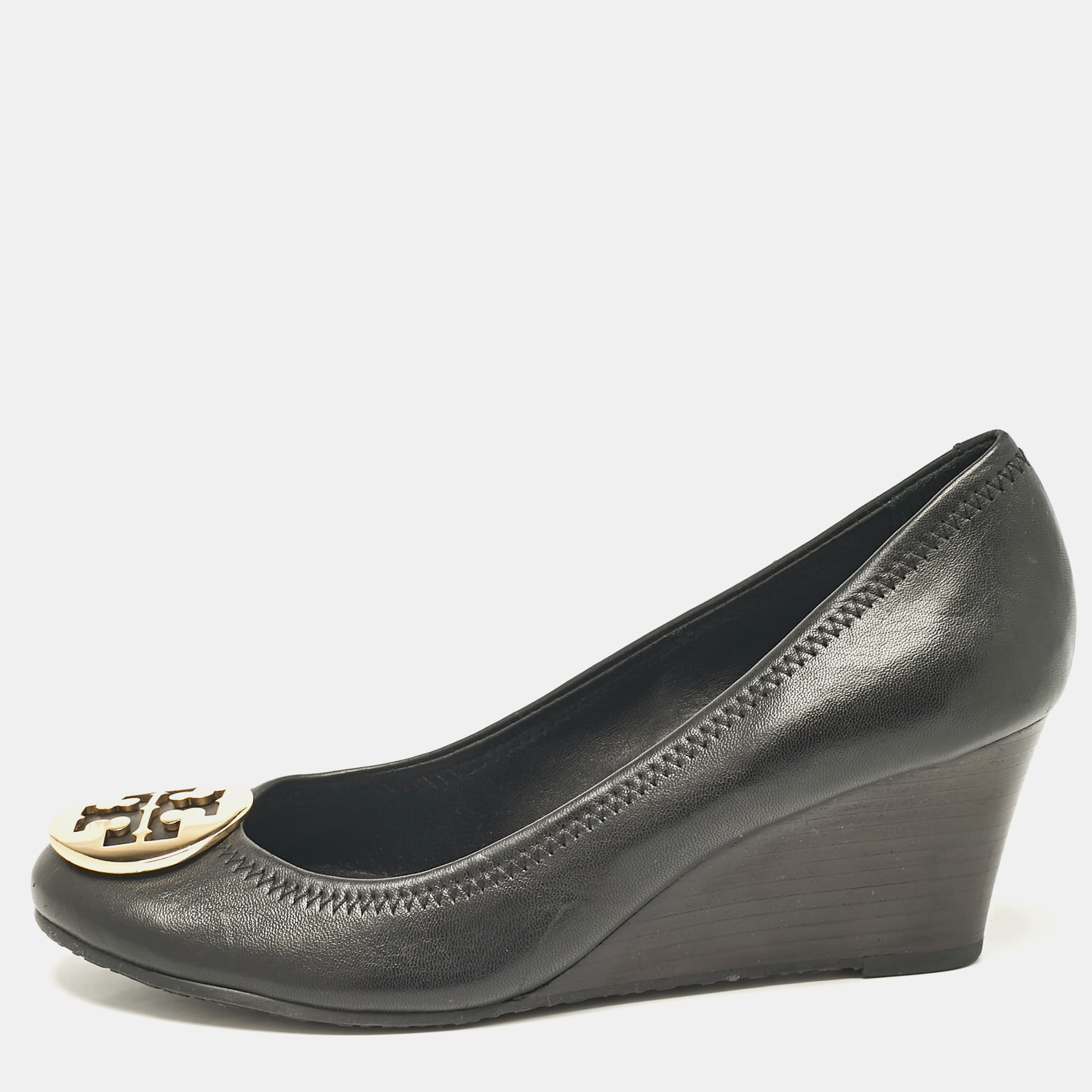 

Tory Burch Black Leather Sally Wedge Pumps Size 38.5