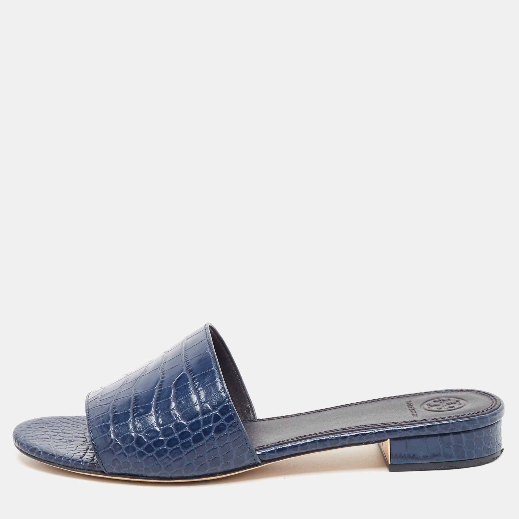 

Tory Burch Blue Embossed Crocodile Martine Slides Size 39.5, Navy blue