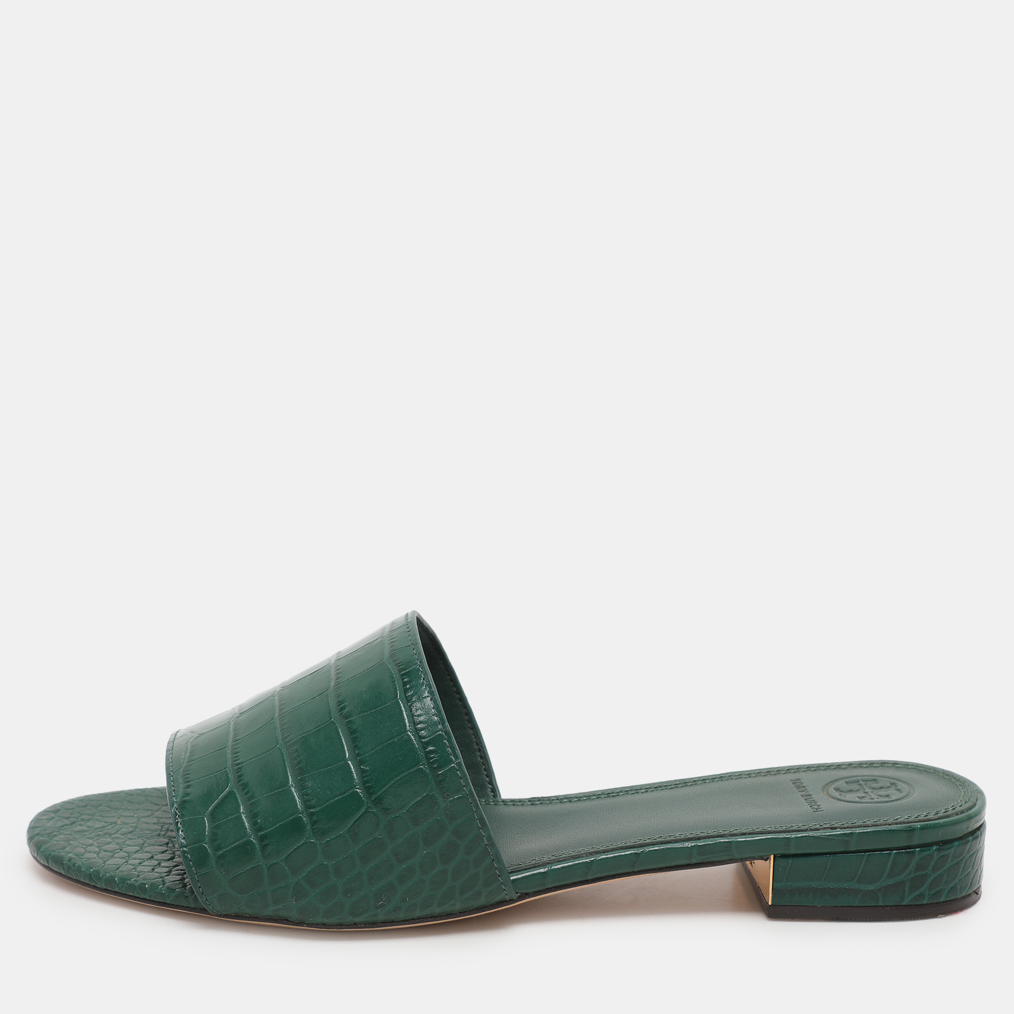 

Tory Burch Green Croc Embossed Leather Flat Slides Size 39