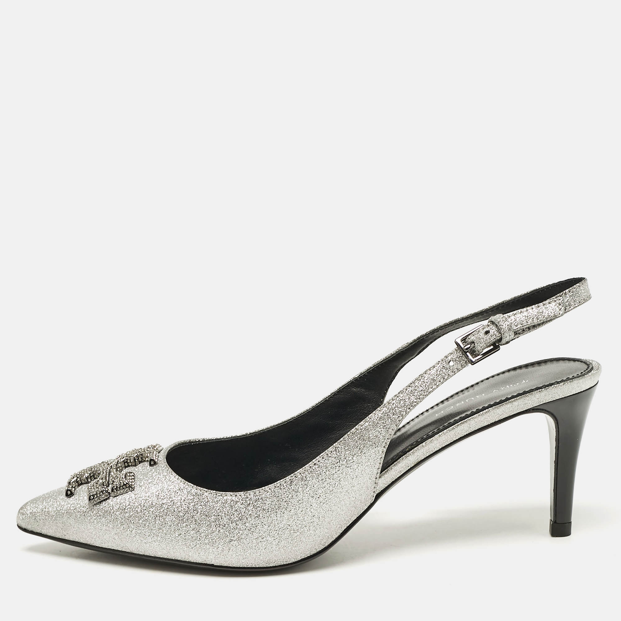 

Tory Burch Silver Glitter Eleanor Slingback Pumps Size 38