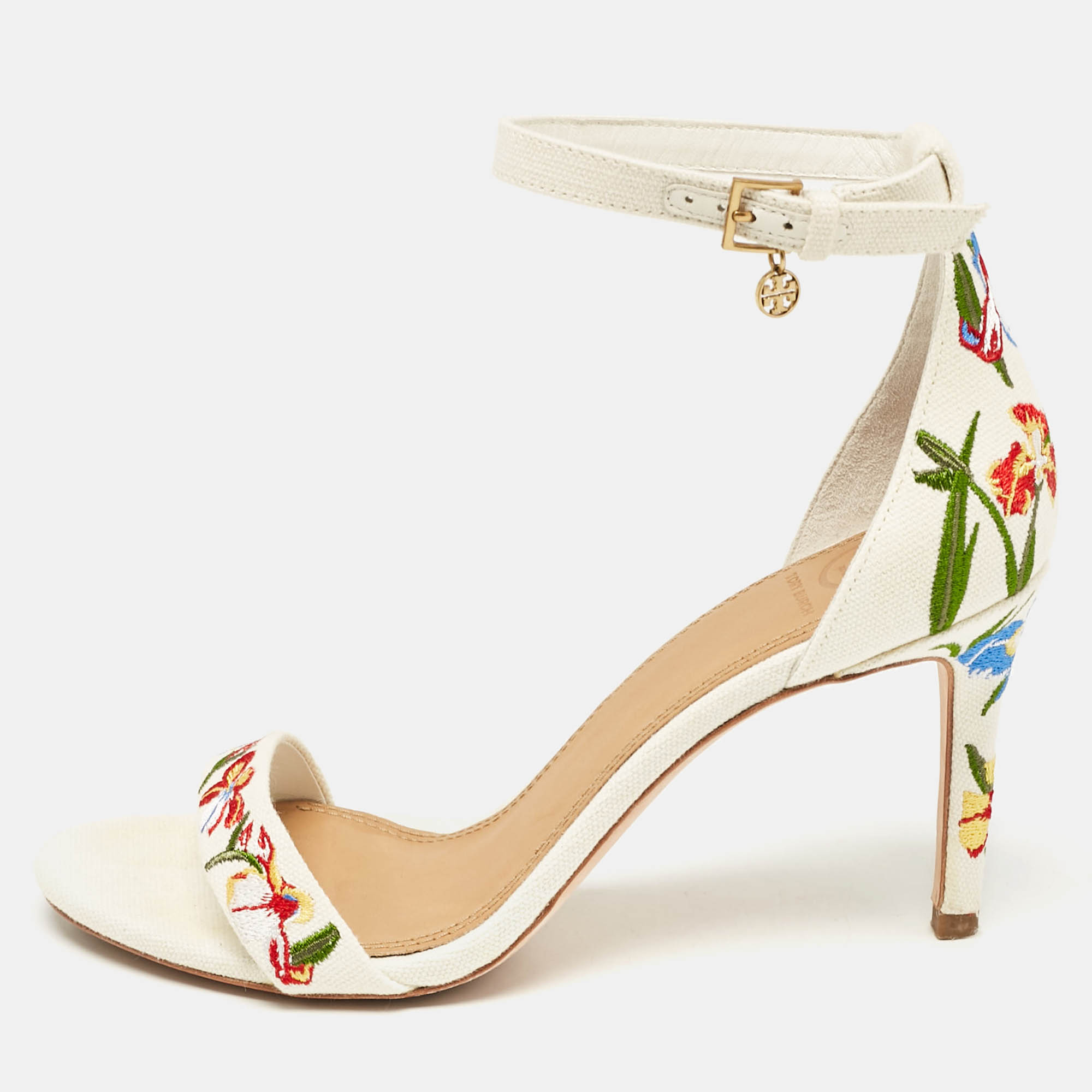 

Tory Burch Off-White Embroidered Canvas Ankle Strap Sandals Size 38