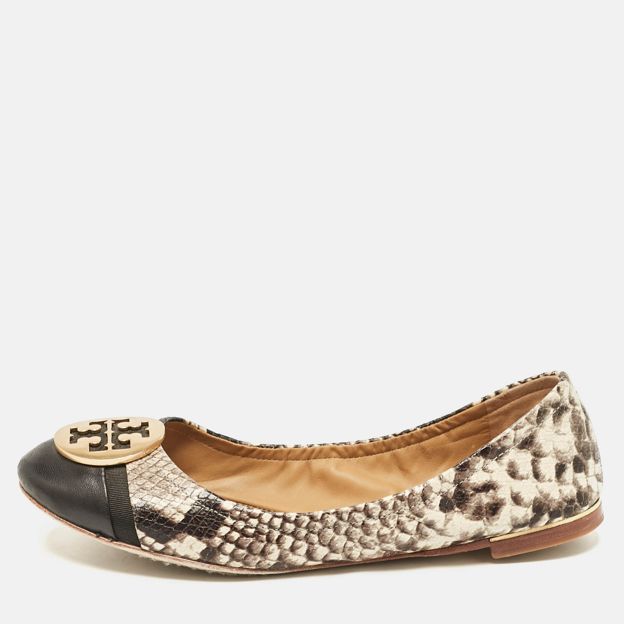 

Tory Burch Black/Cream Python Embossed Reva Ballet Flats Size 36.5