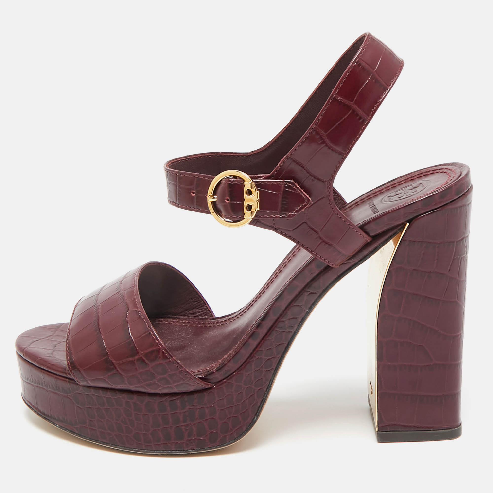 

Tory Burch Burgundy Croc Embossed Leather martine Ankle Strap Sandals Size 39