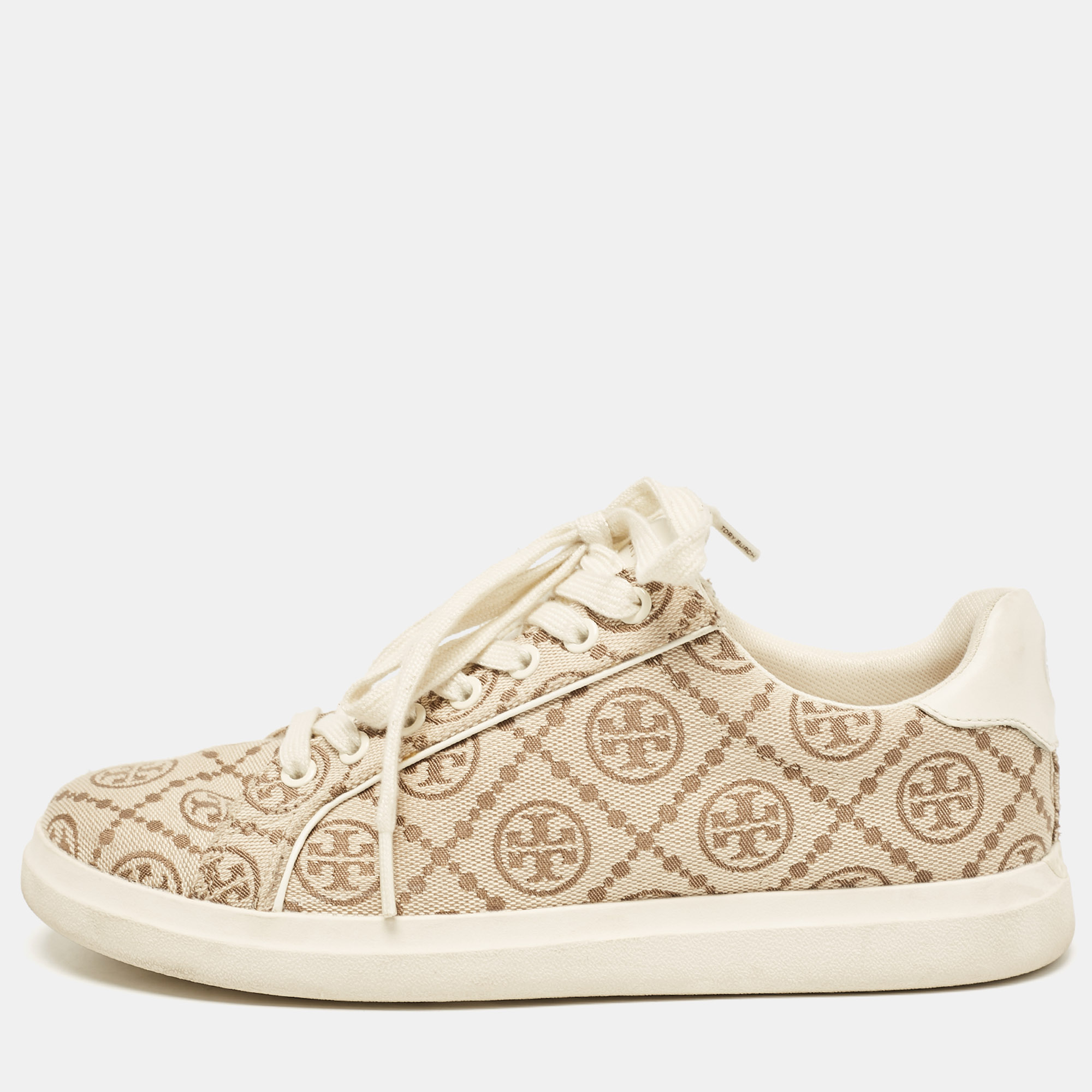 

Tory Burch Beige Canvas and Leather T Monogram Lace Up Sneakers Size 38