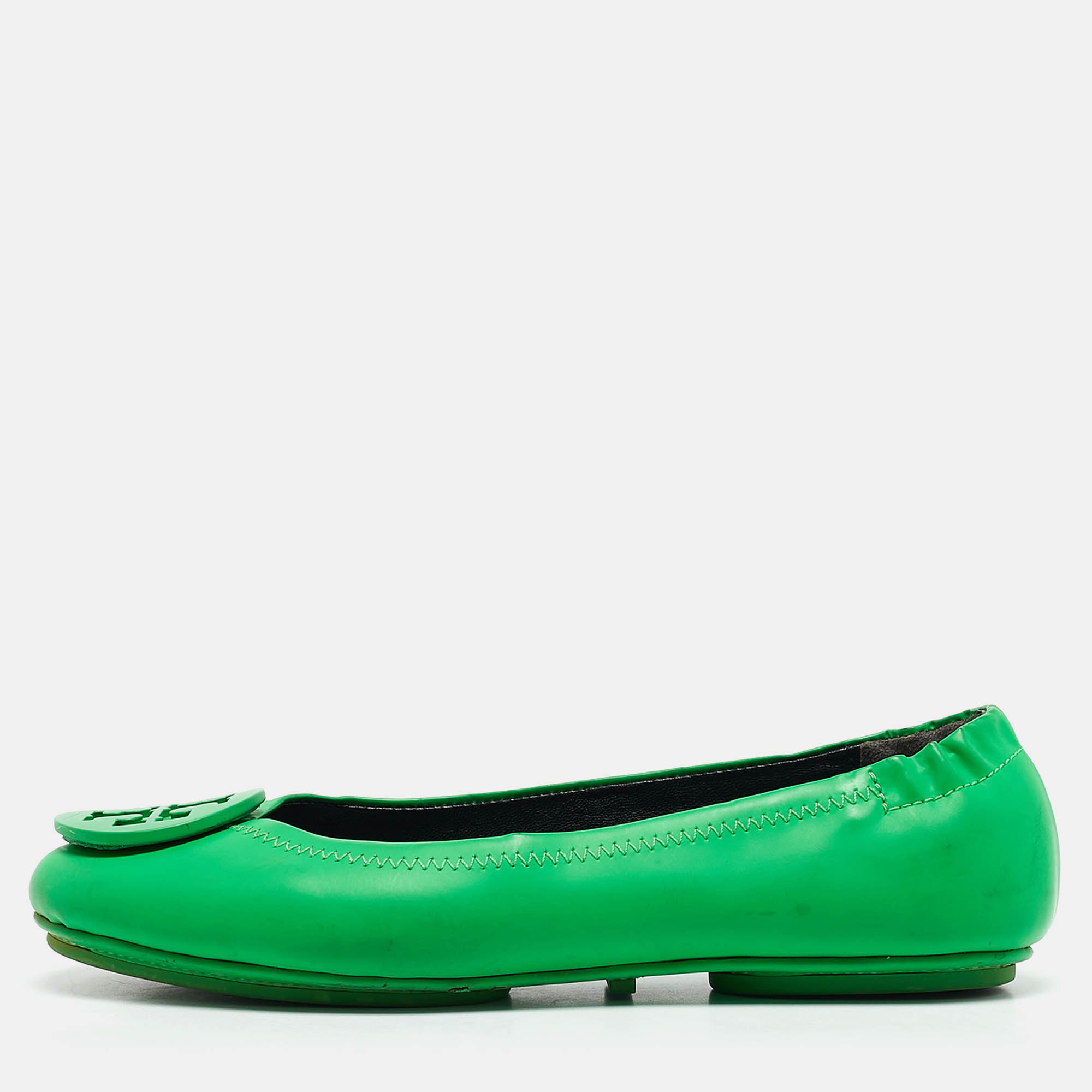 

Tory Burch Green Leather Minnie Scrunch Ballet Flats Size 35.5