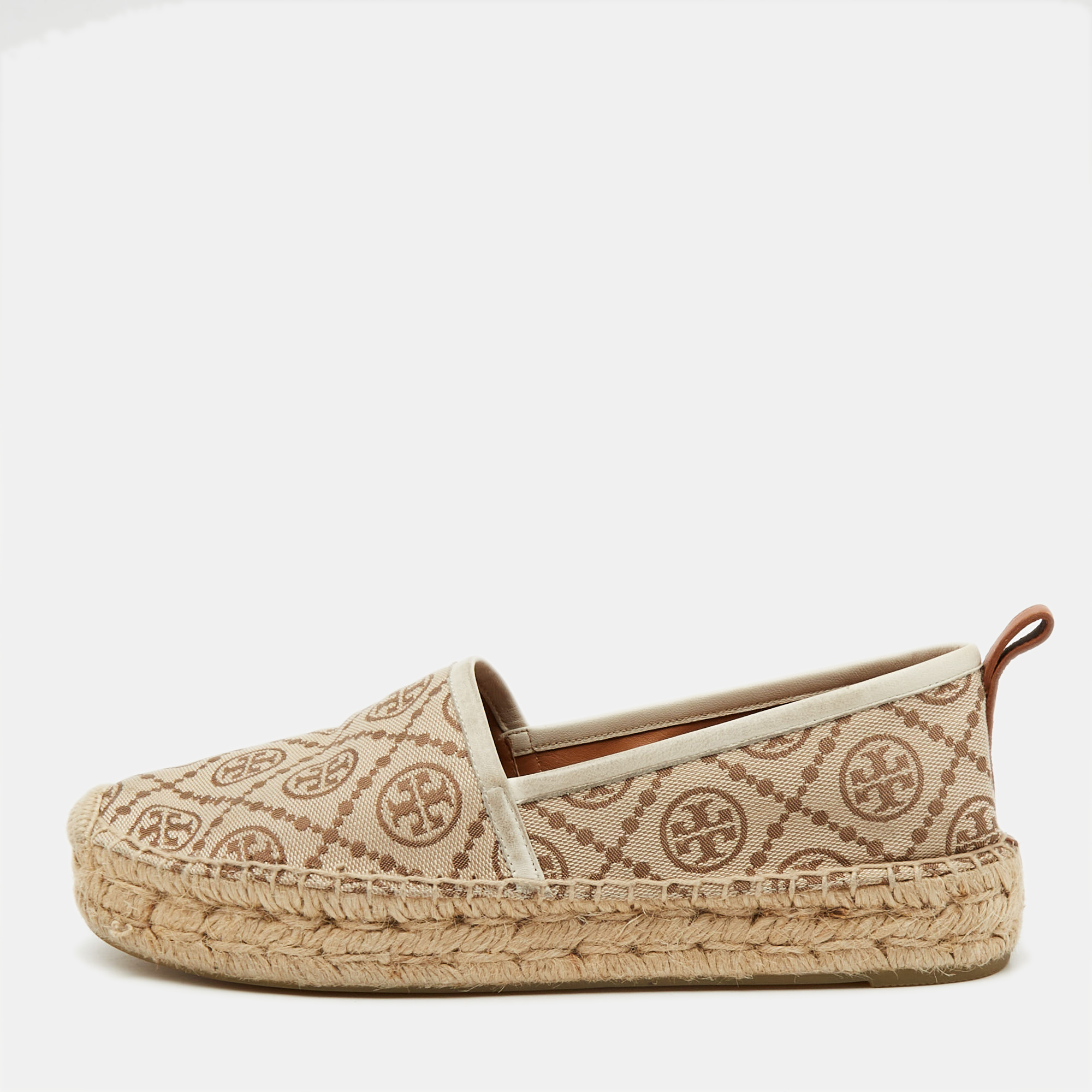 

Tory Burch Brown/Beige T Monogram Canvas and Leather Espadrille Flats Size 38.5