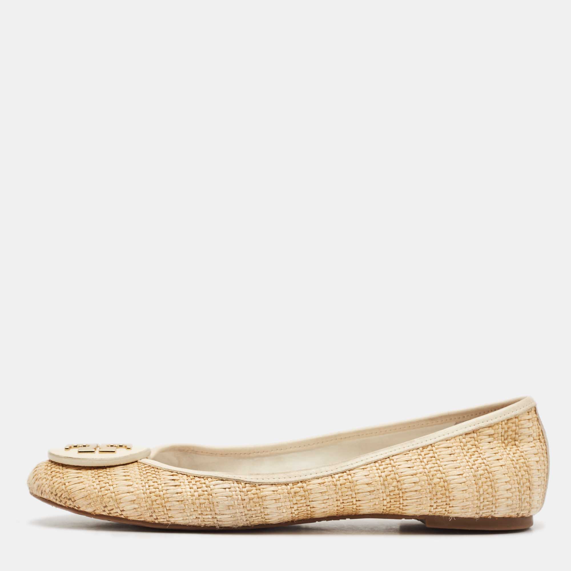 

Tory Burch Beige/Cream Raffia and Leather Reva Ballet Flats Size 40.5