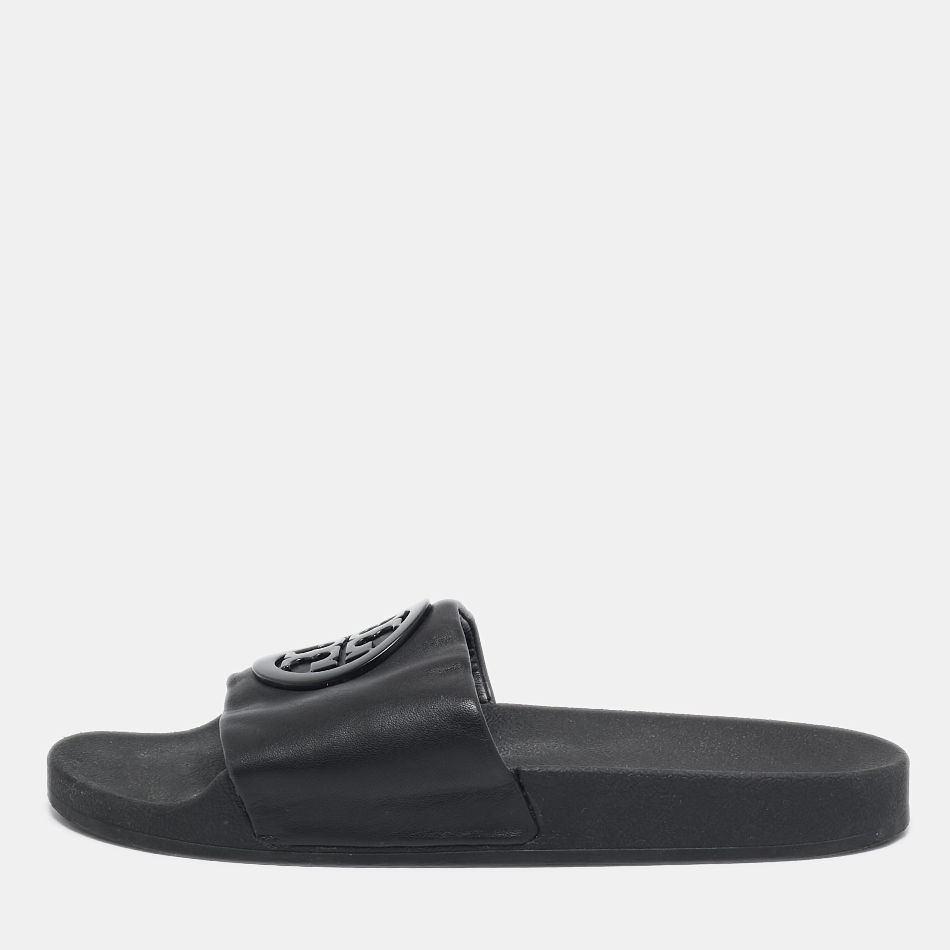 

Tory Burch Black Leather Double T Flat Slides Size 39.5