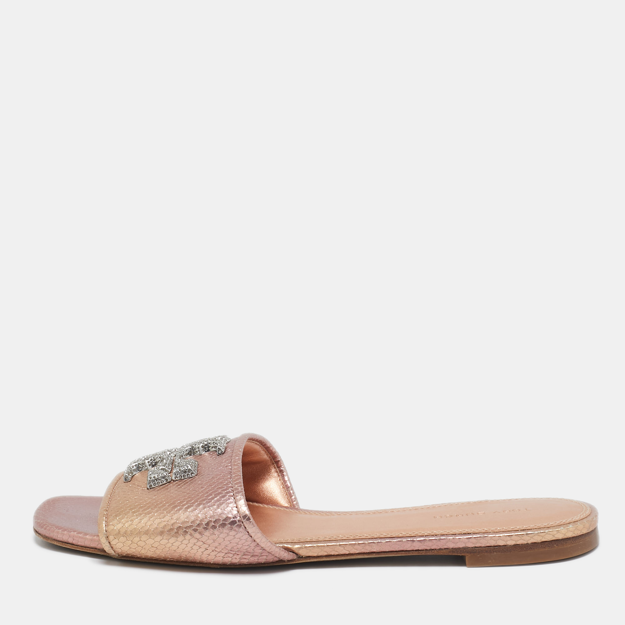 

Tory Burch Rose Gold Python Embossed Leather Ines Flat Slides Size 37.5, Metallic