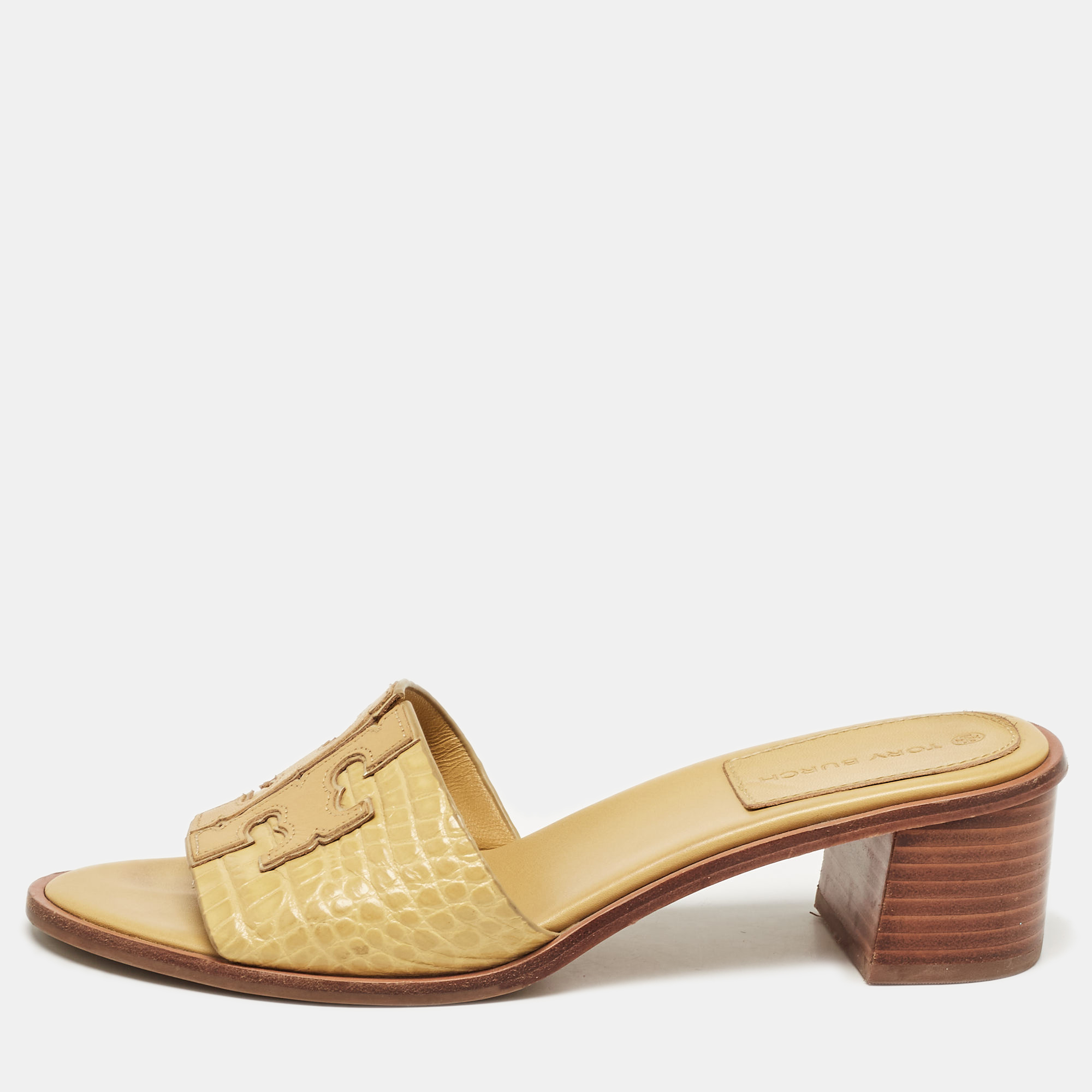 

Tory Burch Yellow Croc Embossed Leather Ines Slide Sandals Size 39