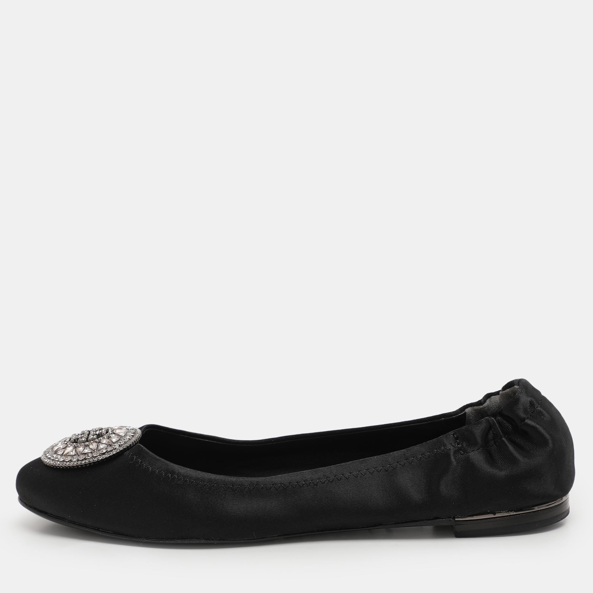 

Tory Burch Black Satin Crystal Logo Embellished Ballet Flats Size 36.5