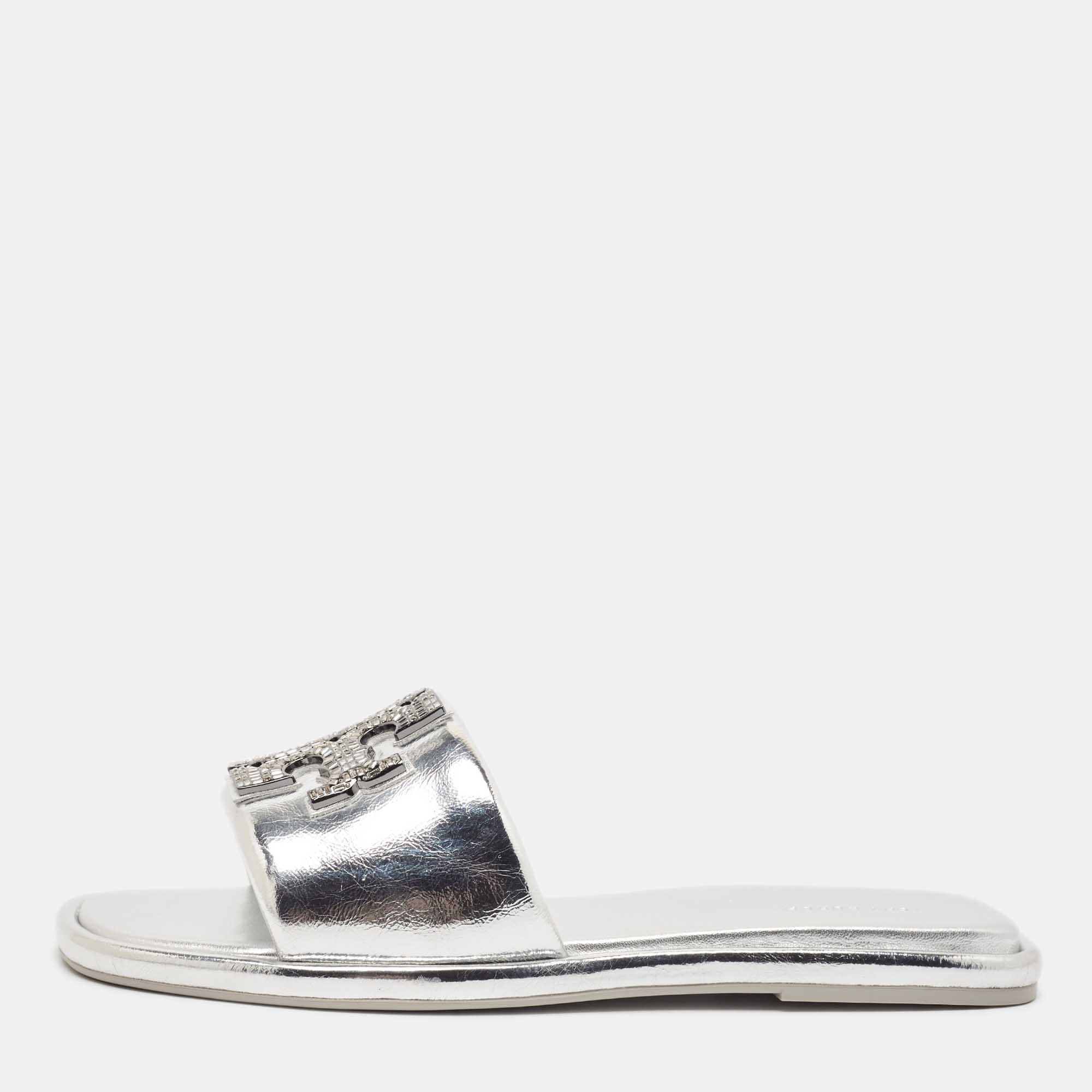 

Tory Burch Silver Leather Double T Flat Slides Size 40.5