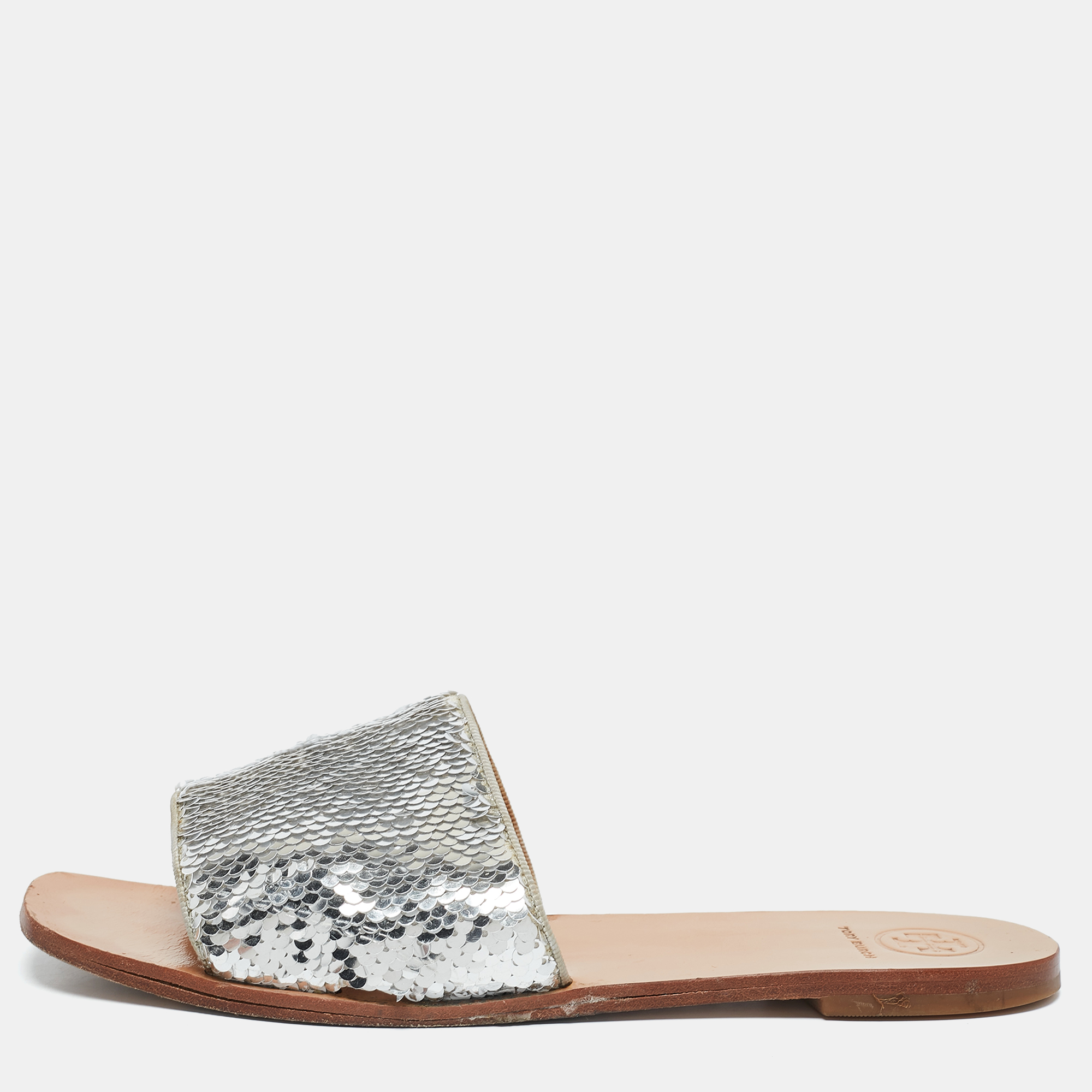 

Tory Burch Silver Sequins Carter Flat Slides Size 38.5