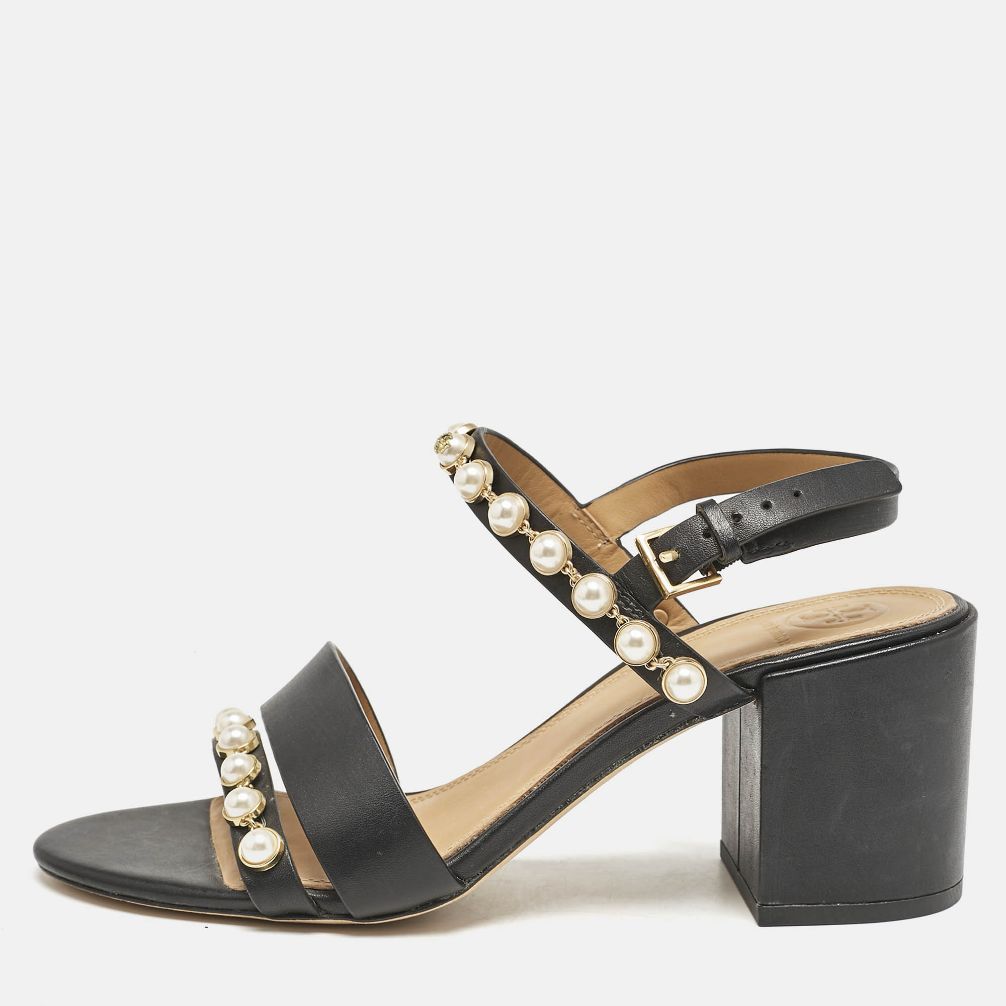 

Tory Burch Black Leather Emmy Pearl Ankle Strap Sandals Size 38.5