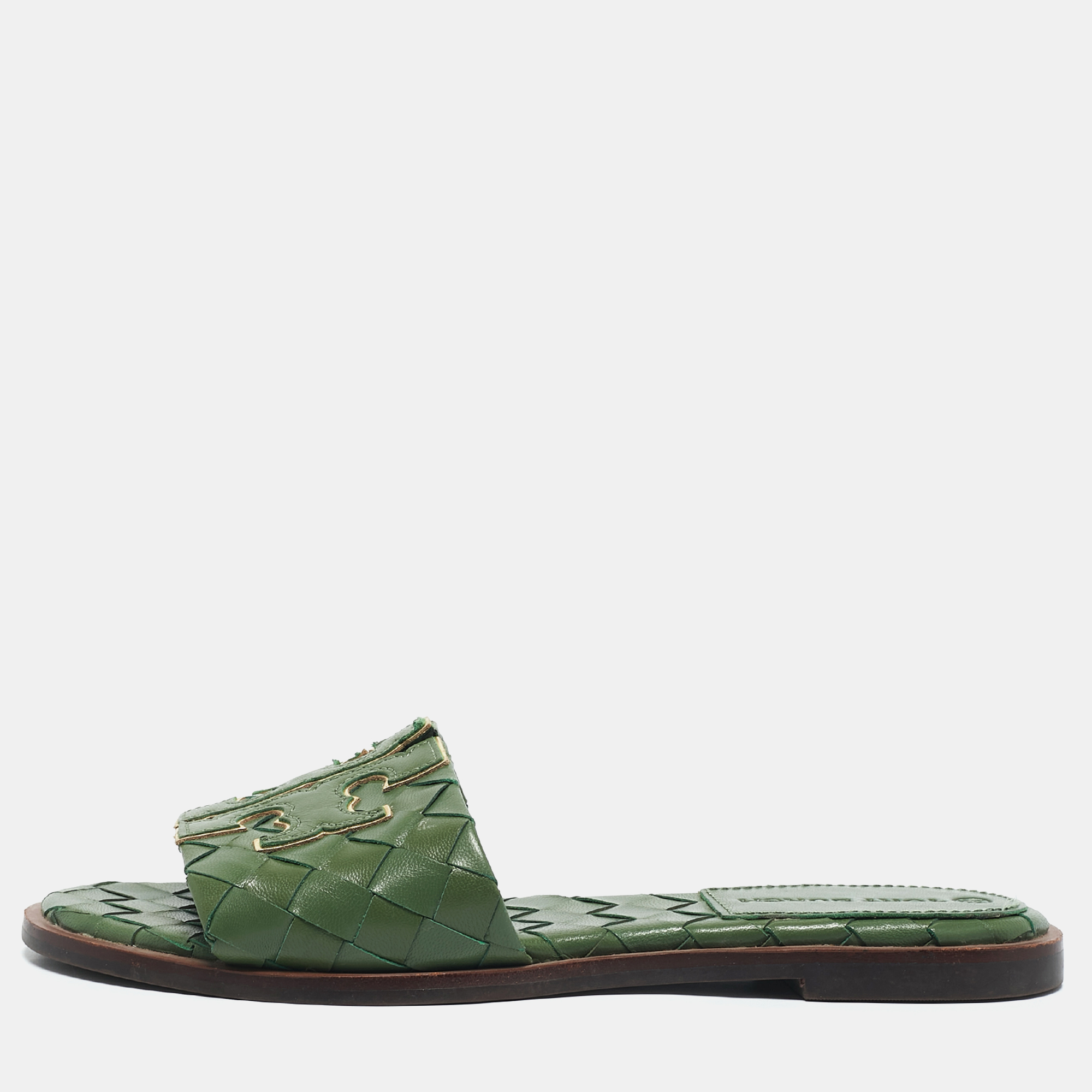 

Tory Burch Green Woven Leather Ines Flat Slides Size 36