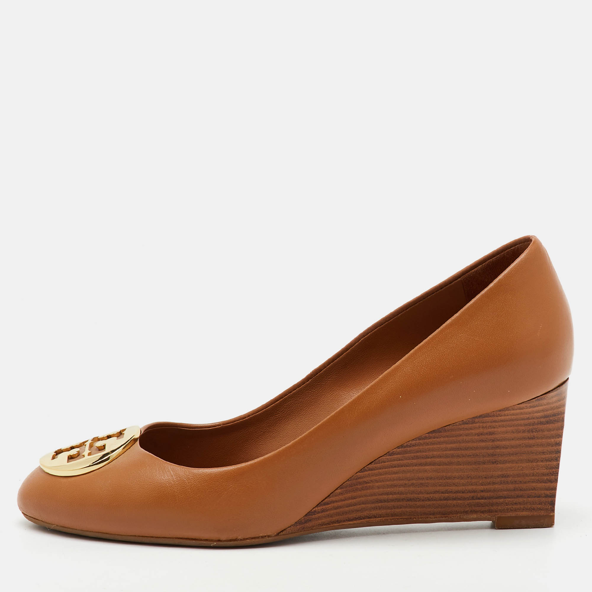 

Tory Burch Royal Tan Leather Alice Wedge Pumps Size 36