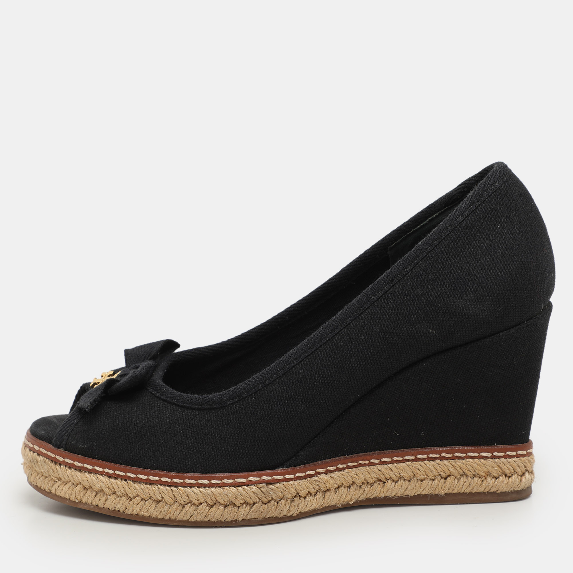 

Tory Burch Black Canvas Jackie Wedge Peep Toe Pumps Size 35.5