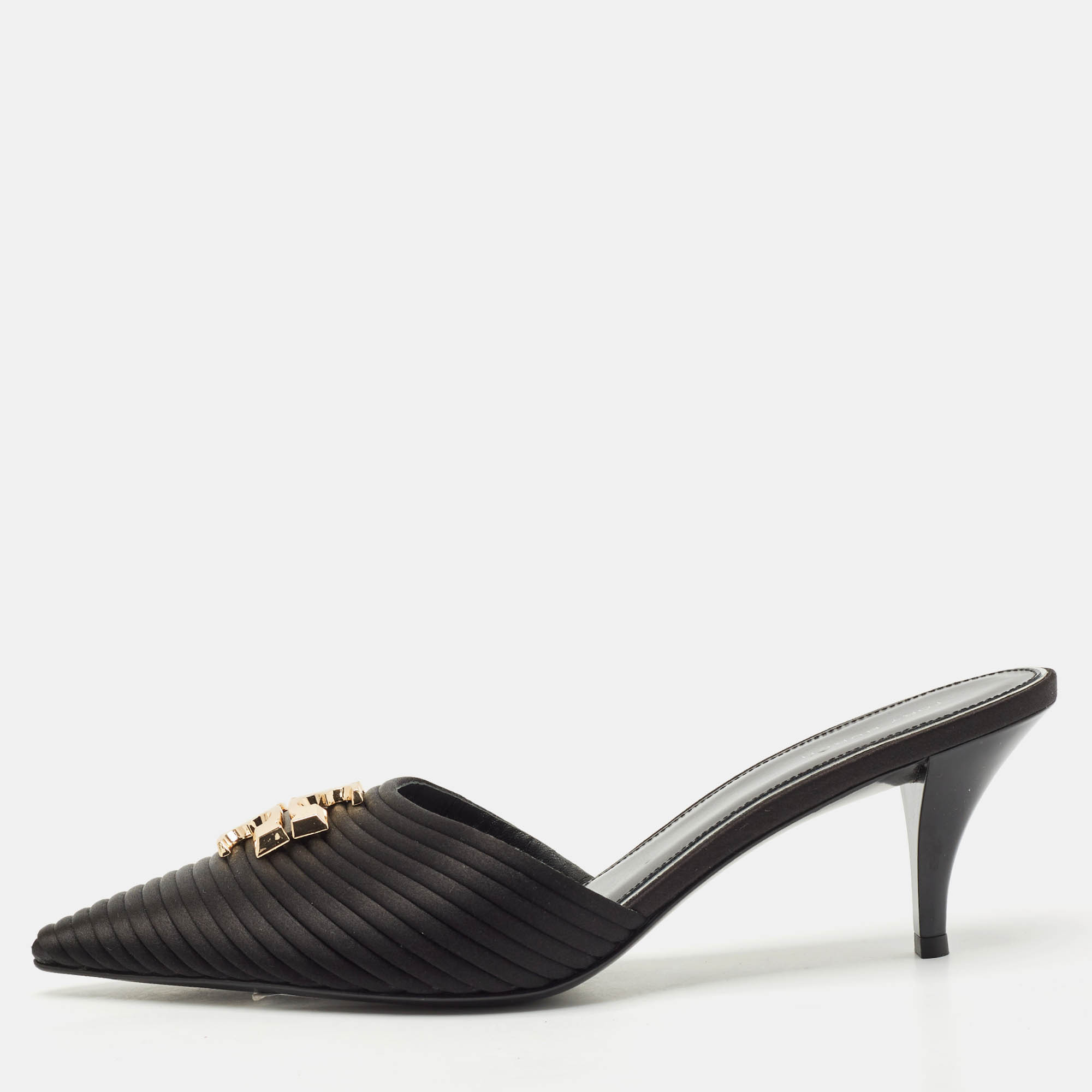 

Tory Burch Black Satin Logo Eleanor BMB Mules Size 39