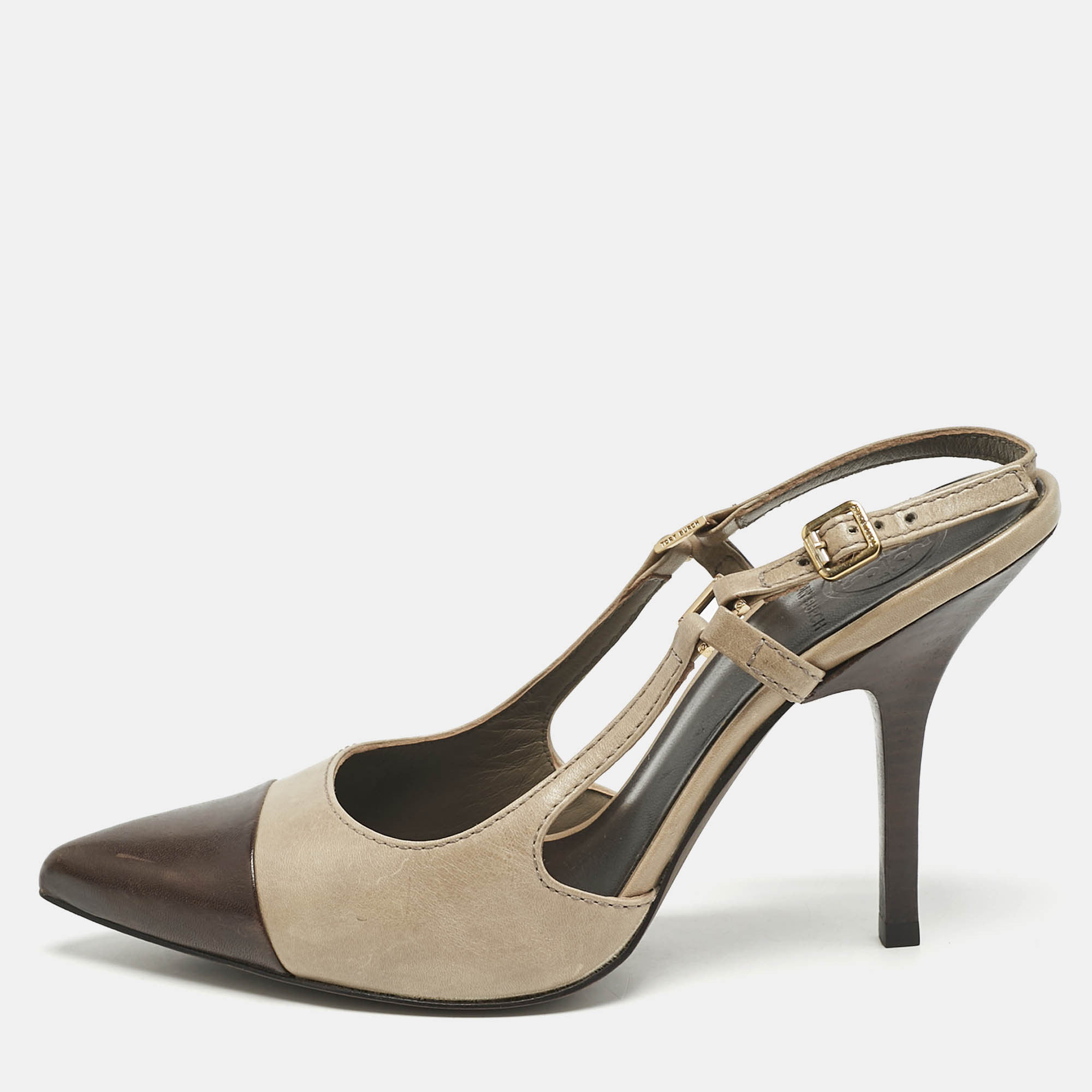 

Tory Burch Olive Green/Brown Leather Slingback Pumps Size 39