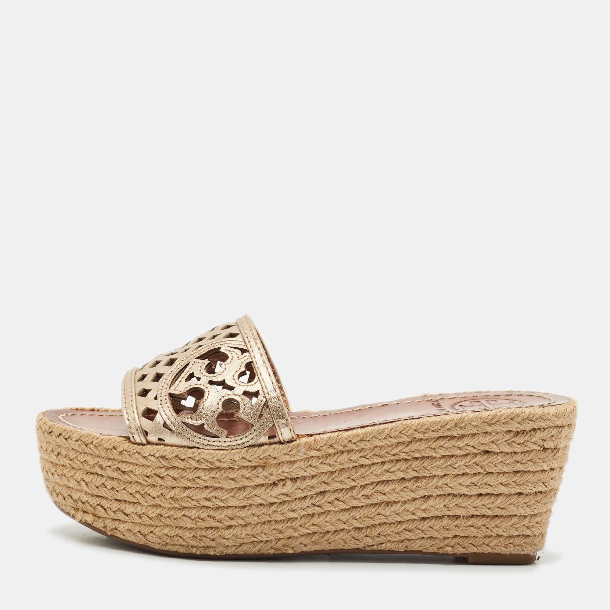Pre-owned Tory Burch Gold Leather Espadrille Wedge Sandals Size 35