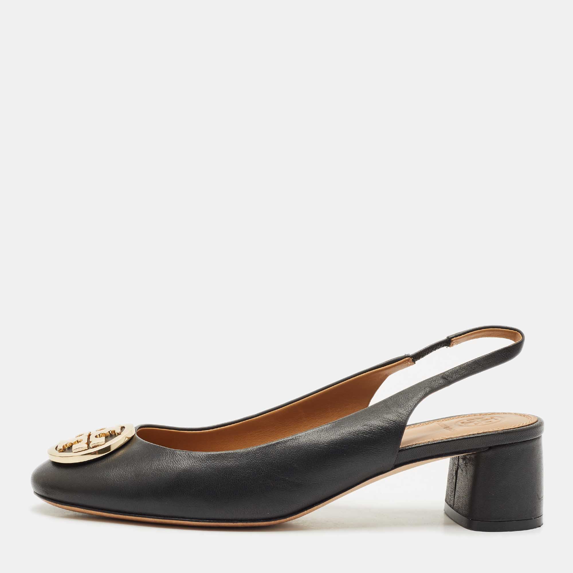 

Tory Burch Black Leather Benton Block Heel Slingback Pumps Size 38