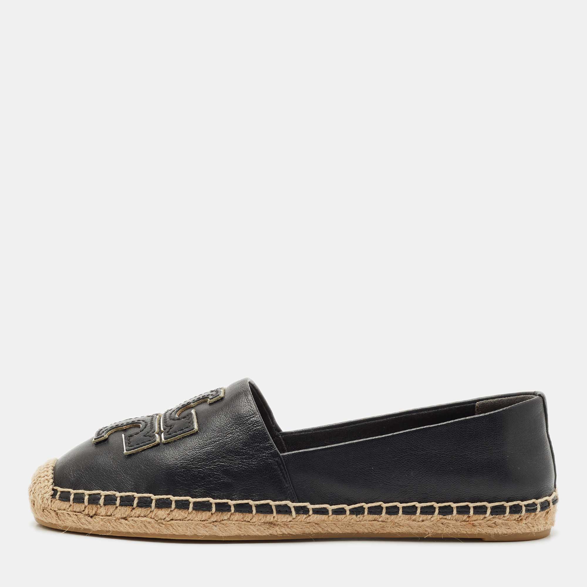 

Tory Burch Black Leather Ines Espadrille Flats Size 37.5