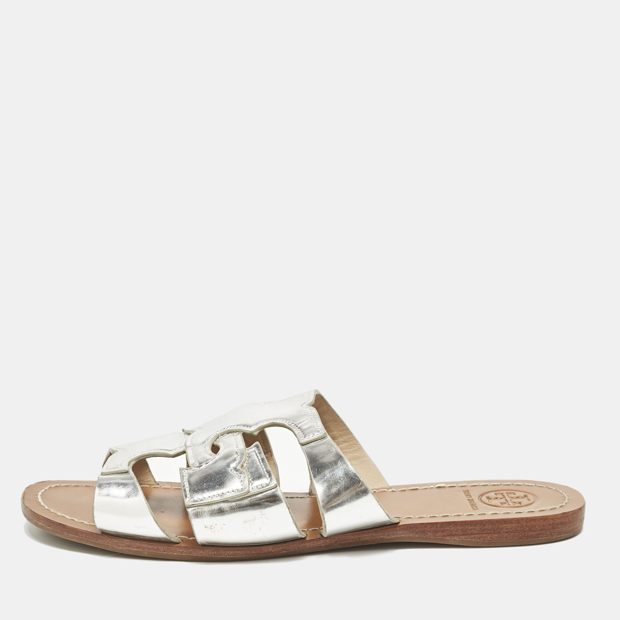 

Tory Burch Silver Leather Flat Sandals Size 37