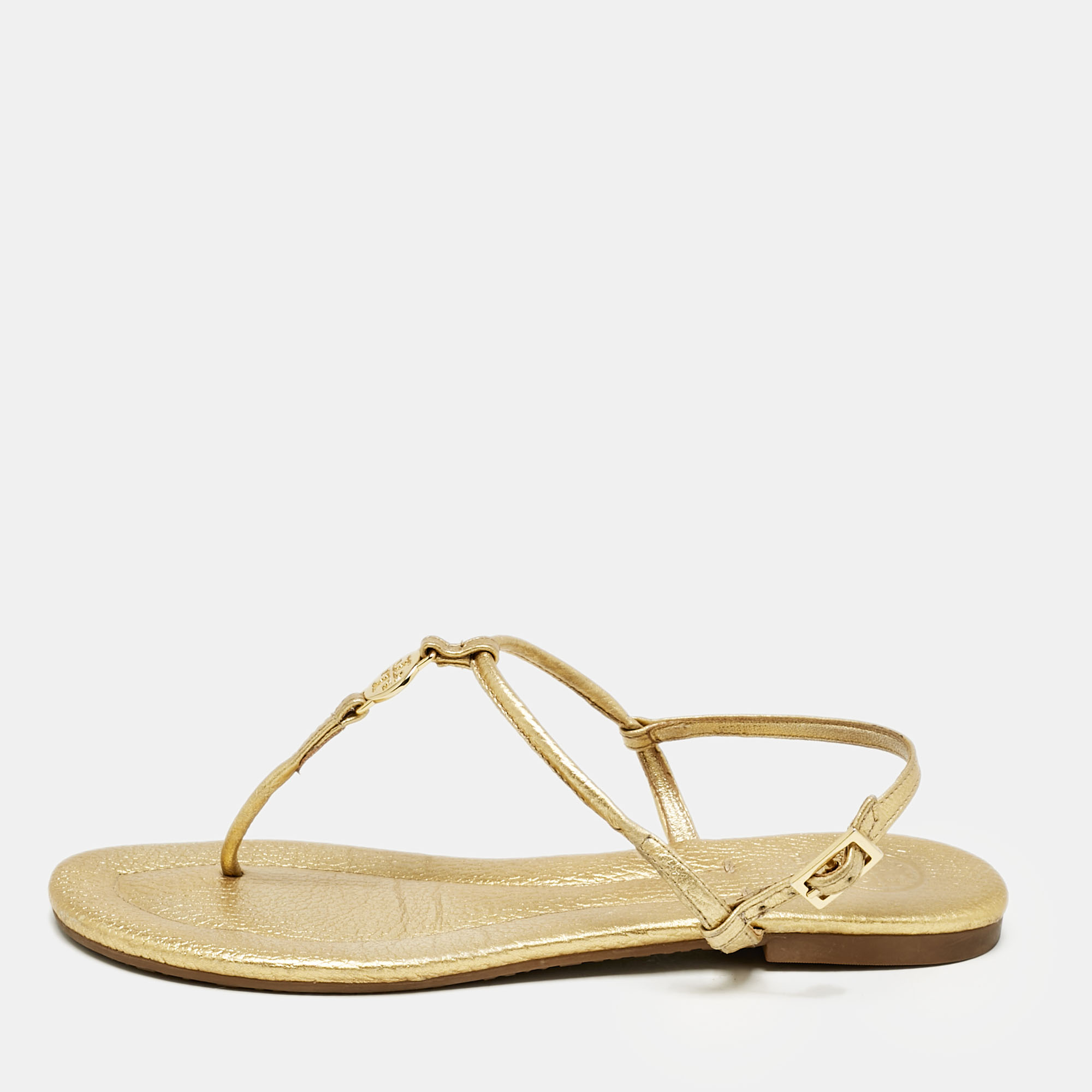 

Tory Burch Gold Leather Thong Slingback Flat Sandals Size 36
