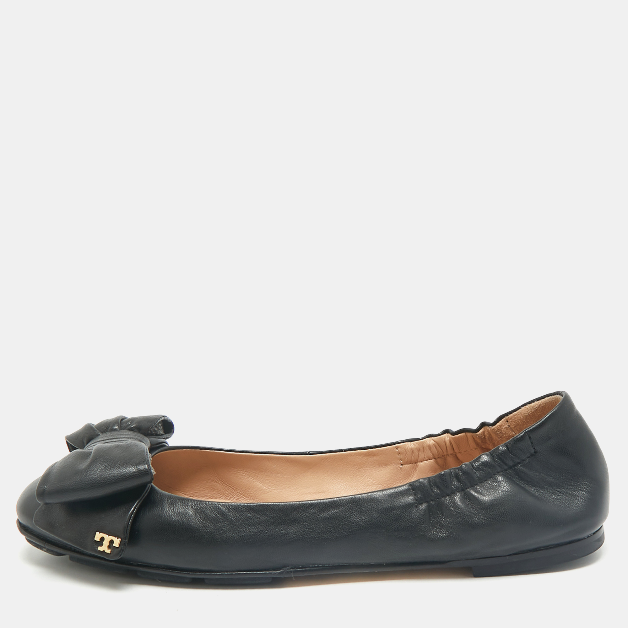 

Tory Burch Black Leather Divine Bow Ballet Flats Size 39