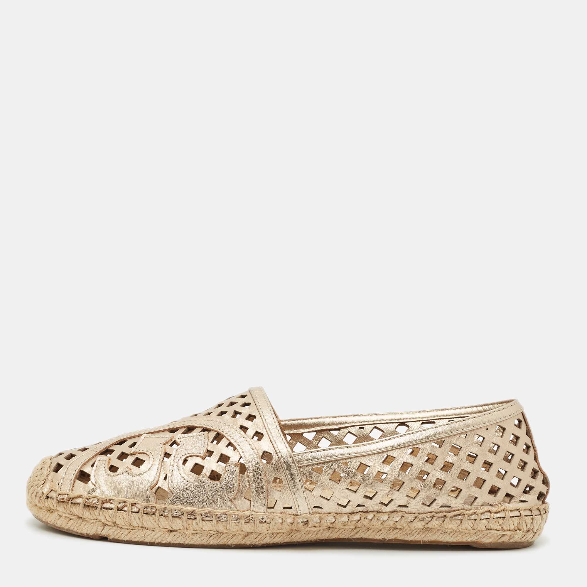 

Tory Burch Gold Leather Laser Cut Espadrille Flats Size 40