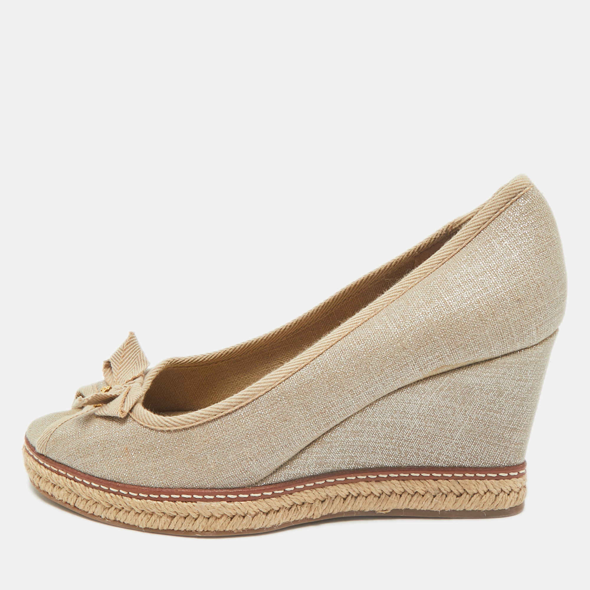 

Tory Burch Grey Canvas Jackie Bow Peep Toe Wedge Espadrille Pumps Size 40