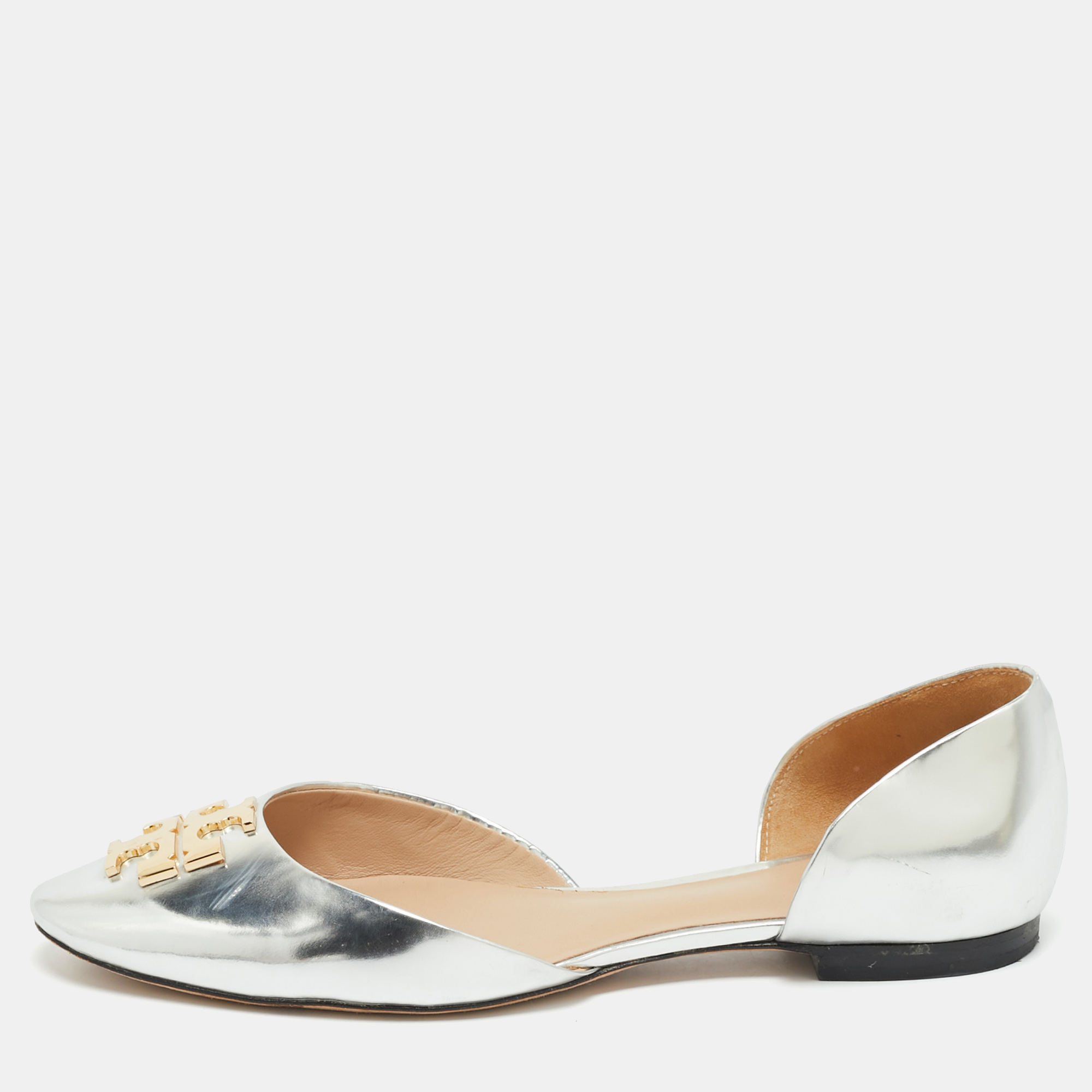 

Tory Burch Silver Leather Raleigh Flats Size 38.5