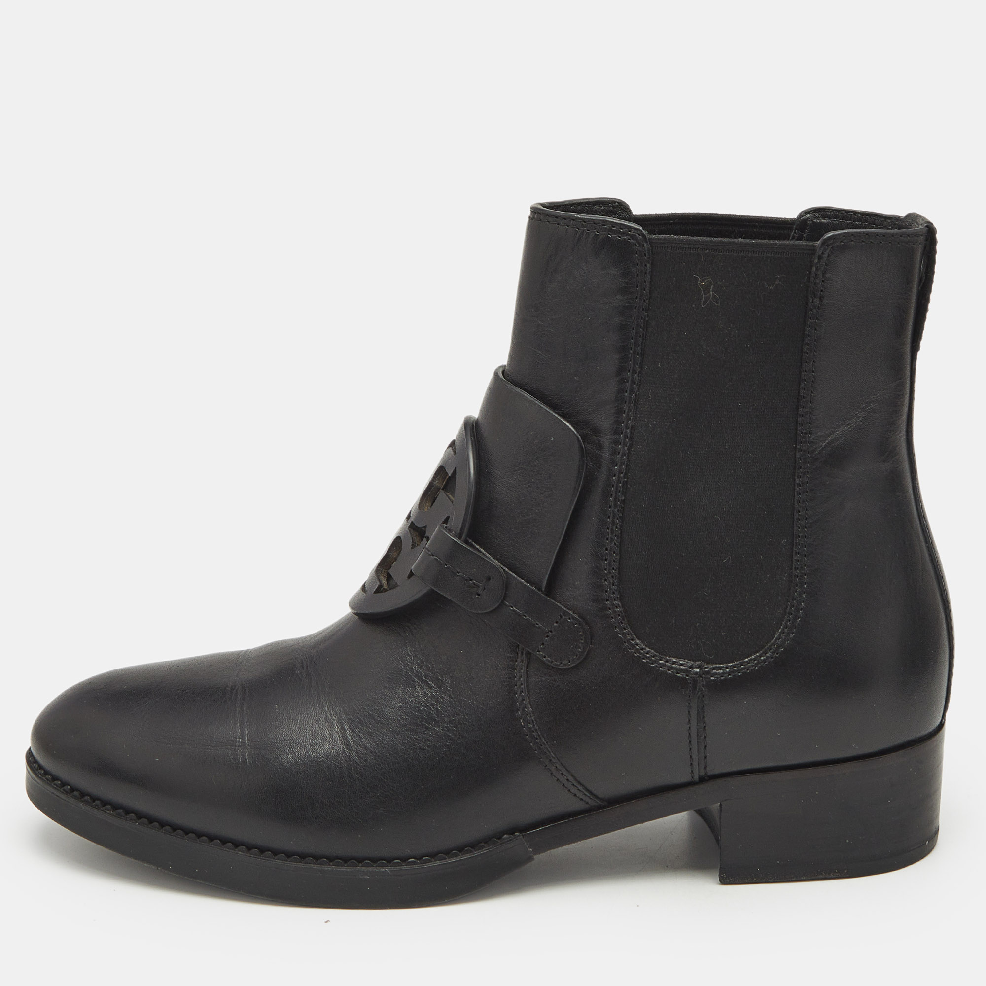 Pre-owned Tory Burch Black Leather Miller Ankle Length Boots Size 39