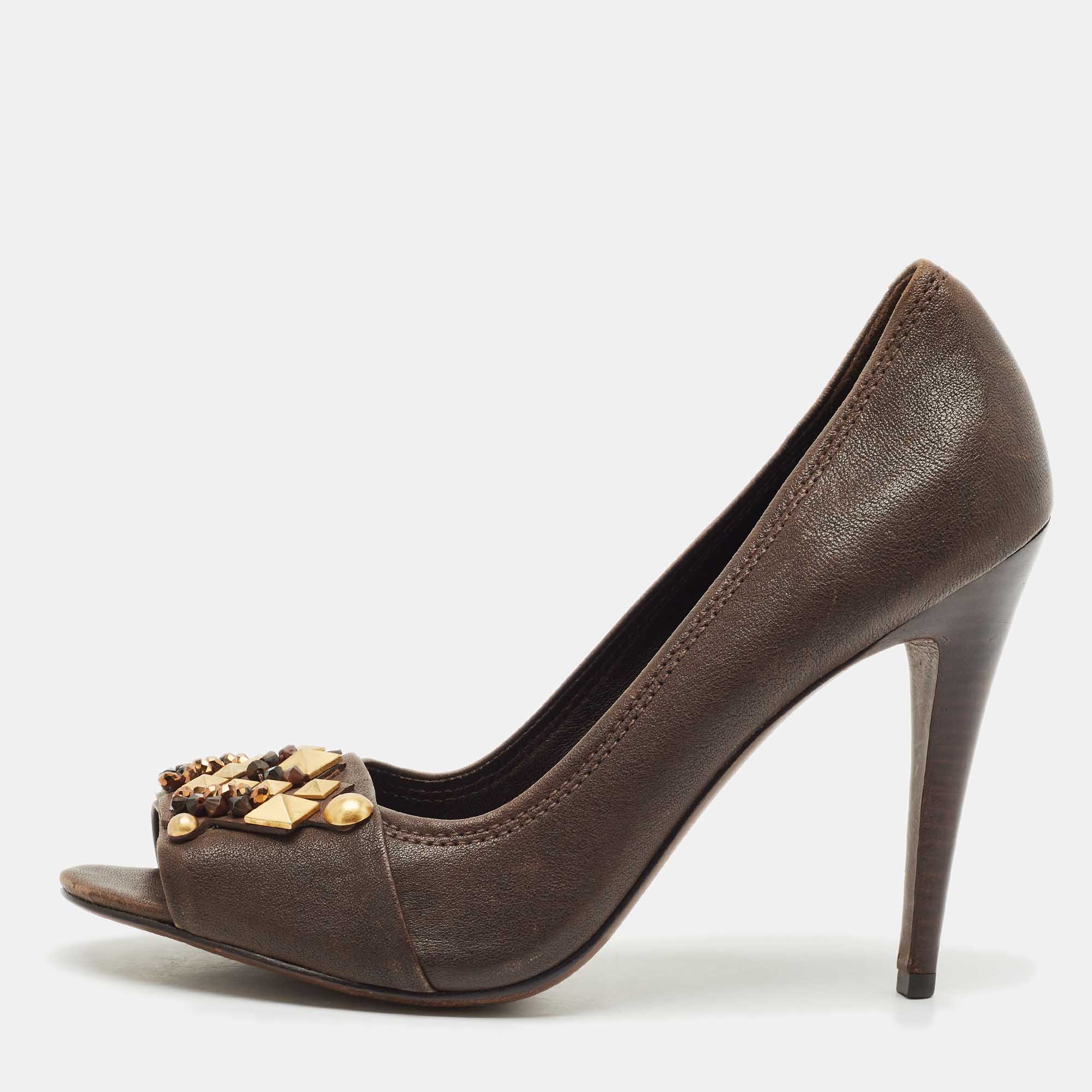 

Tory Burch Dark Brown Leather Embellished Open Toe Pumps Size 41